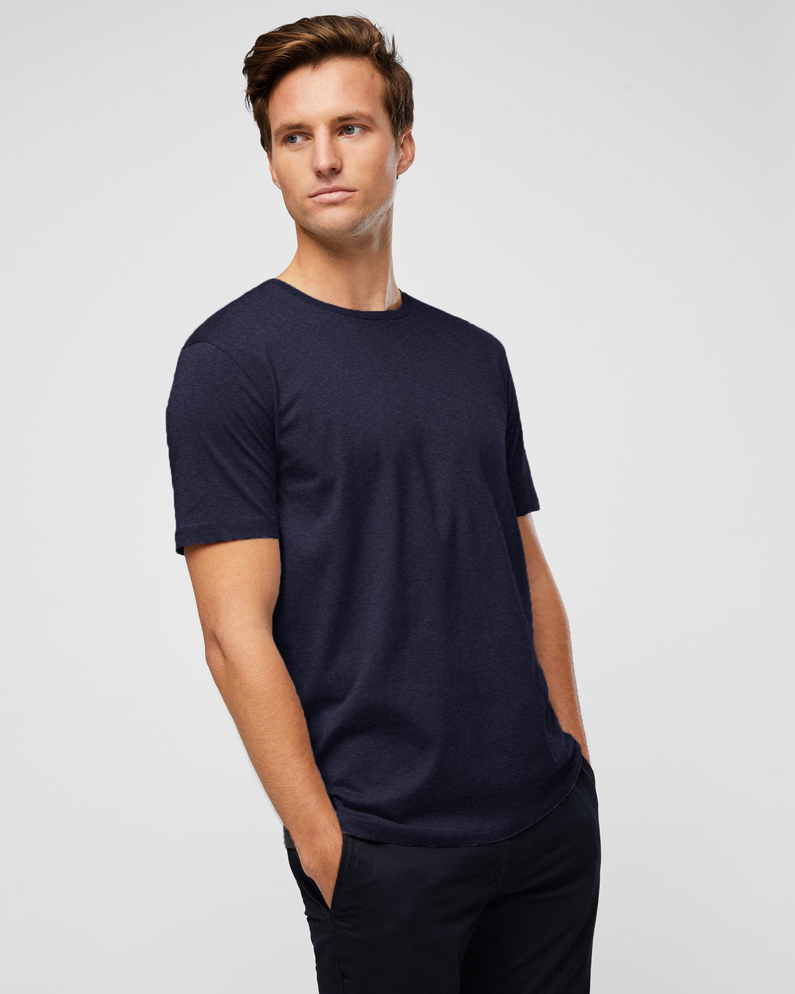Soft cotton mens crew t-shirt, everyday style, close up image on model