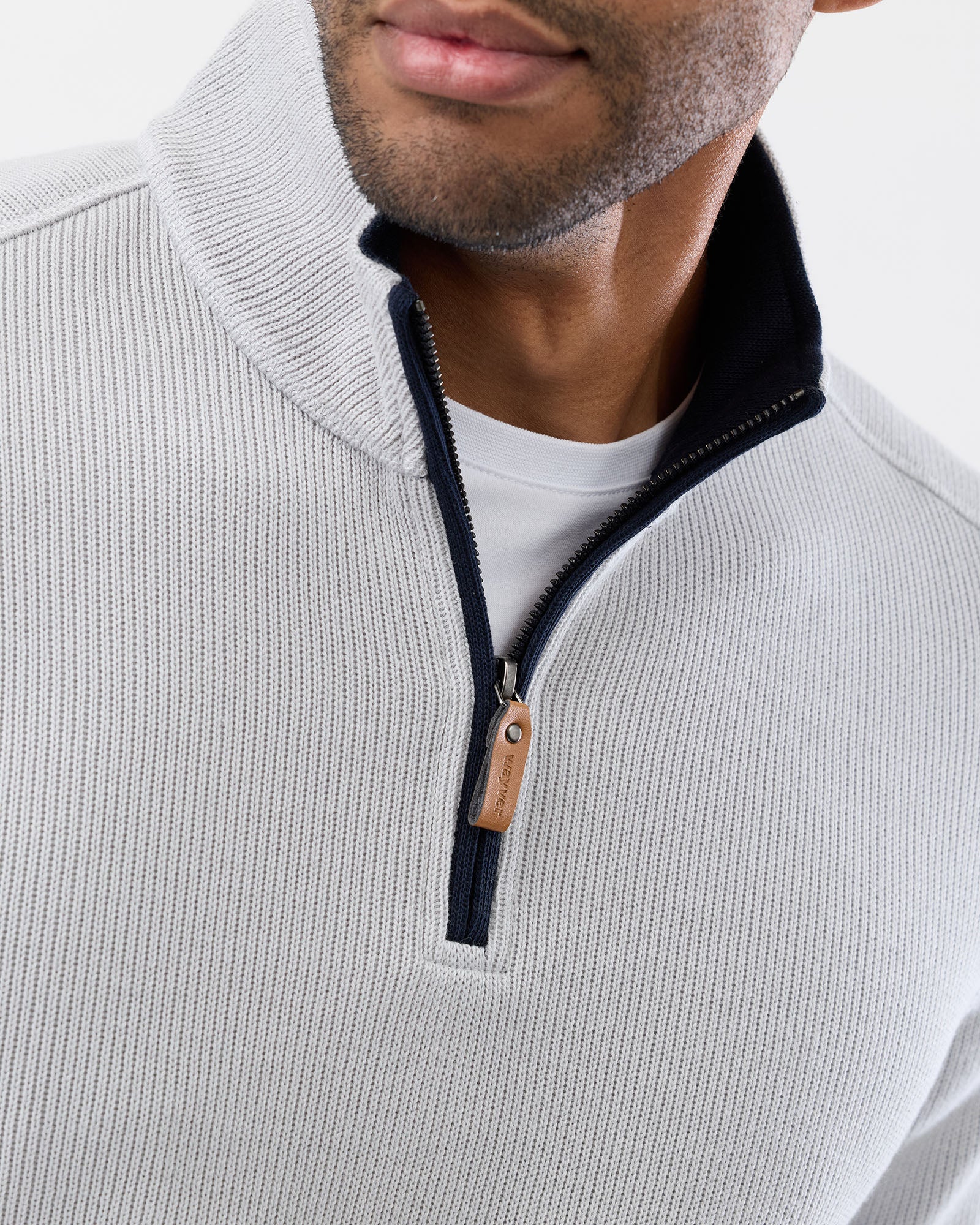 Close-up of soft French rib cotton texture and zip detail
