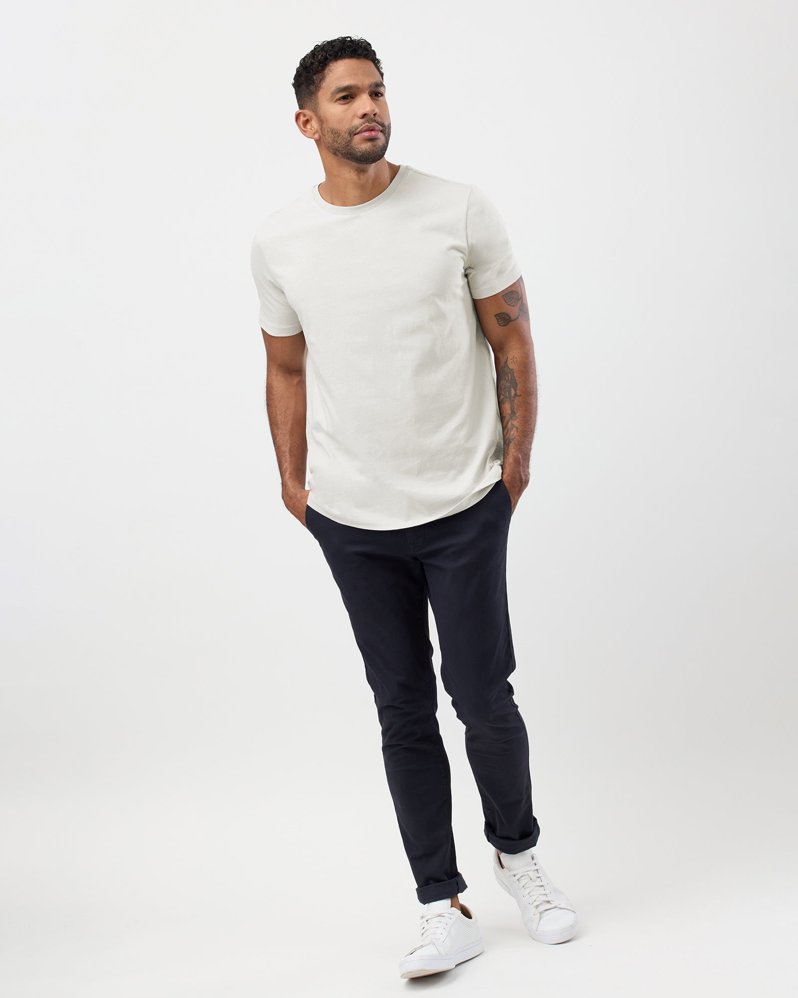 Core Men's T-Shirt in Off White, full body shot, worn with navy chinos