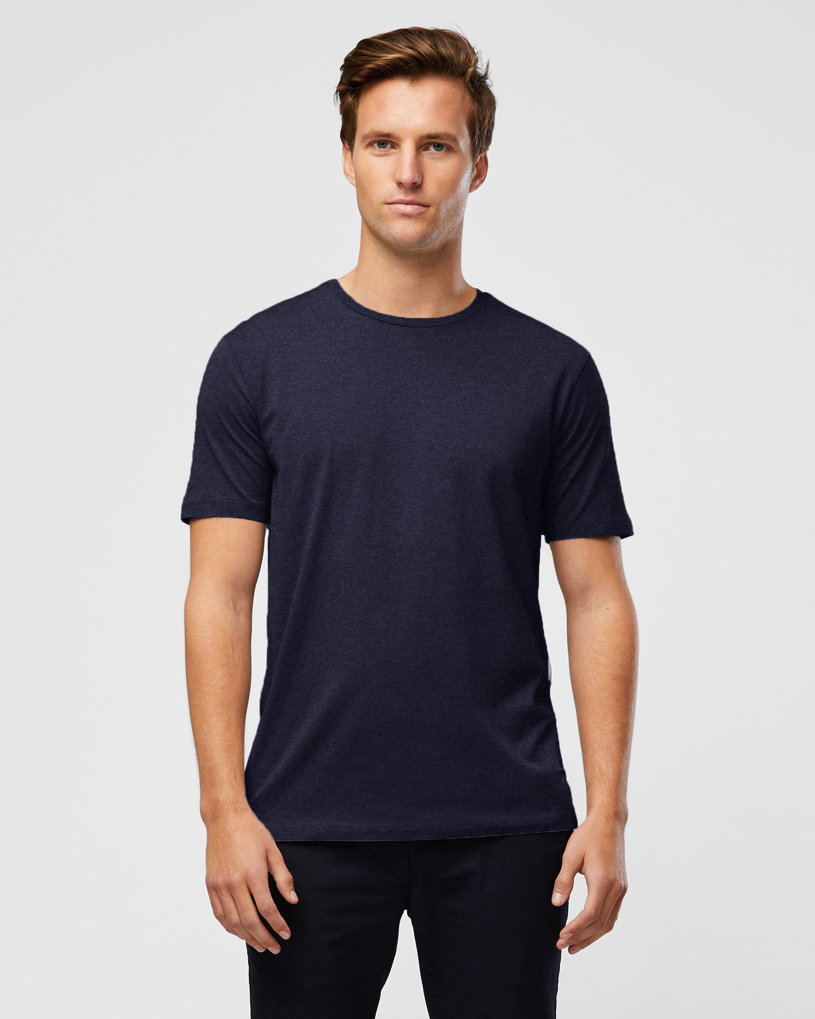 Model wearing everyday navy marl t-shirt – modern classic style
