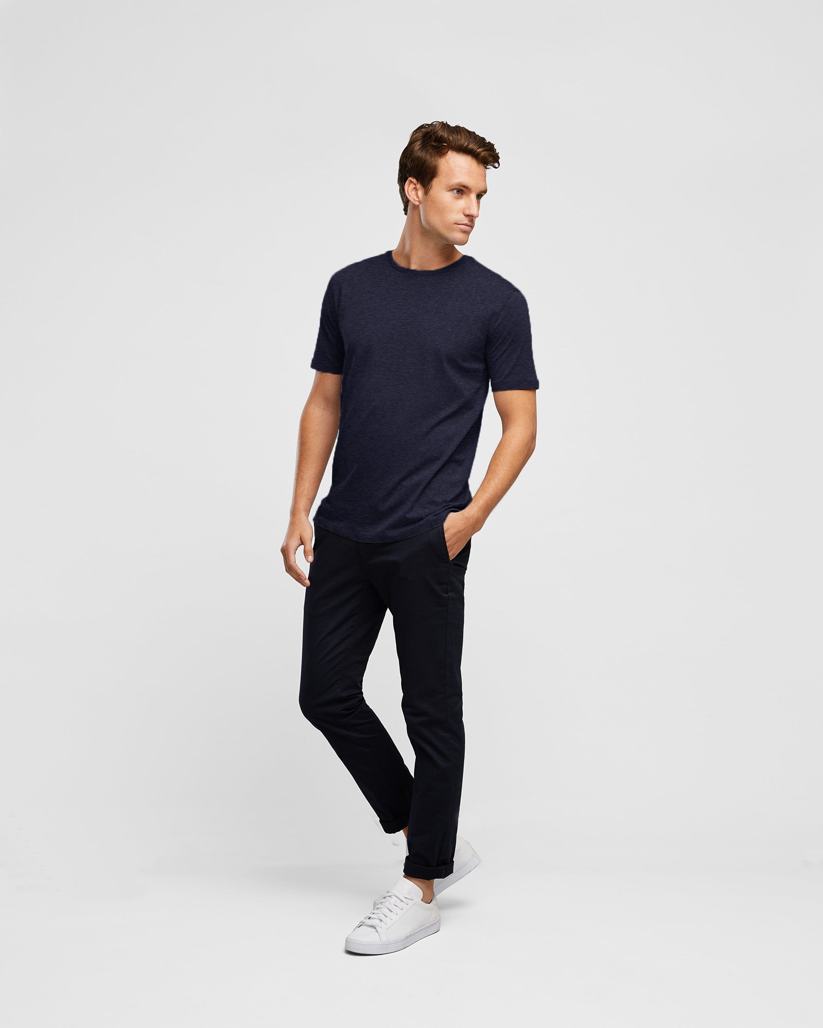 Core t-shirt in Navy Marl styled with chinos – timeless men’s outfit