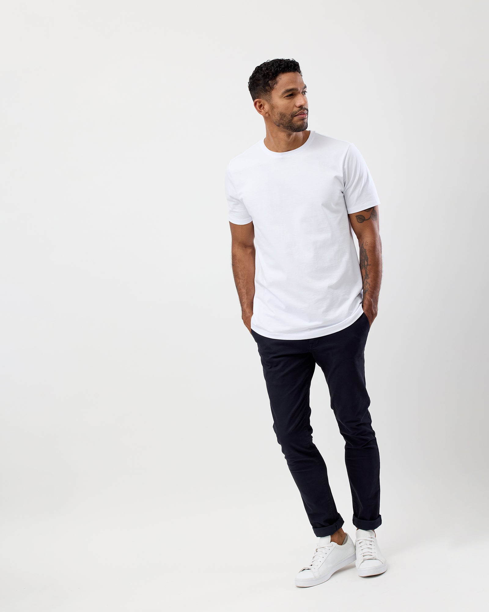 White Men's Cotton Short Sleeve Crew Neck T-Shirt, Full Body View on Model