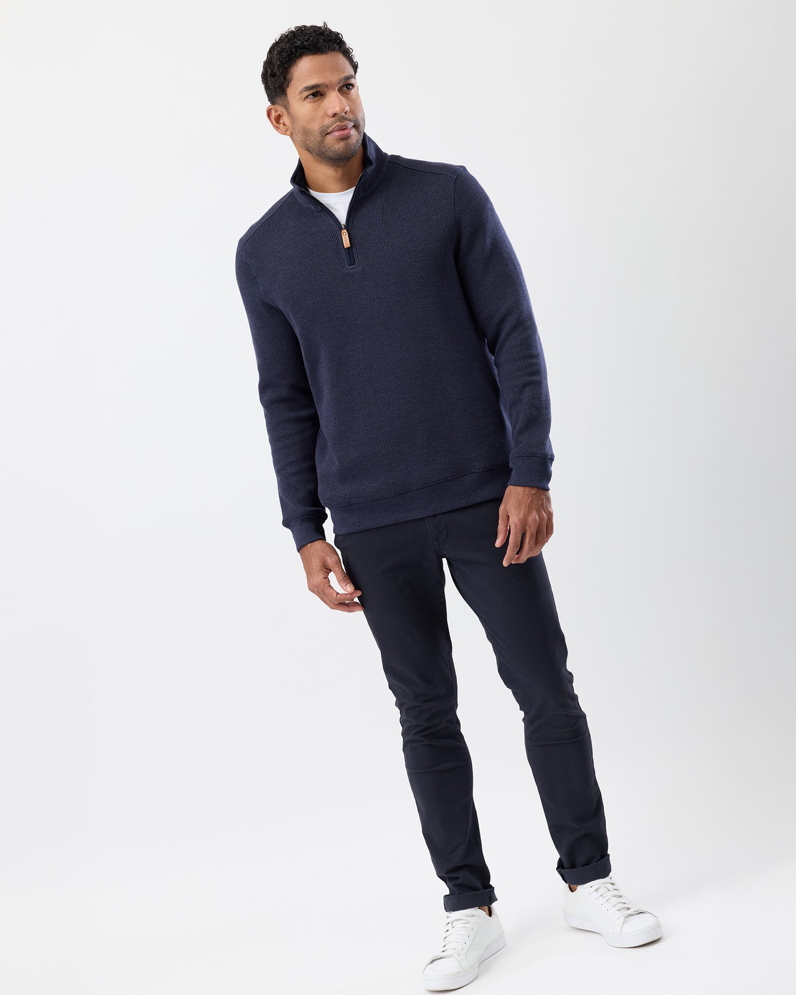 Premium cotton French rib knit styled with chinos for casual street look