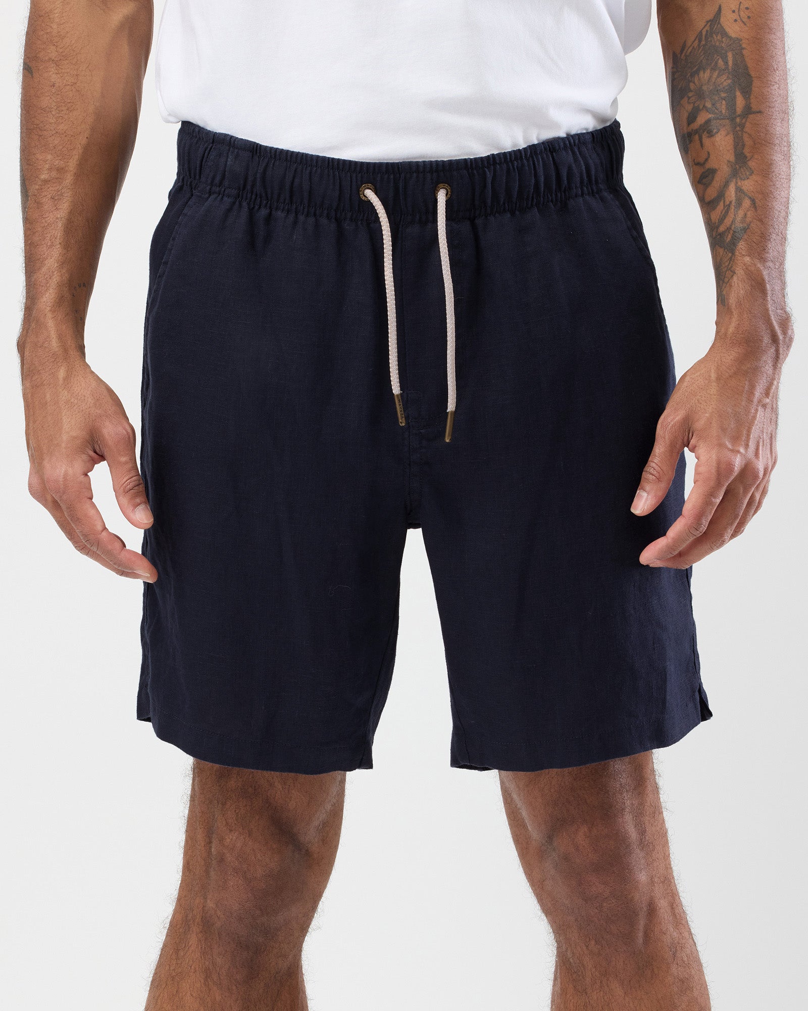 Men's navy 100% linen shorts with relaxed fit and drawstring waist, by Wayver Originals