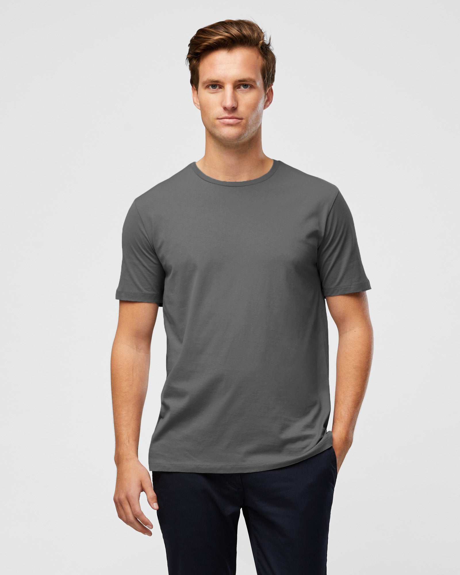 Well-fitted slate grey t-shirt for men – clean and minimalist look, front view close up