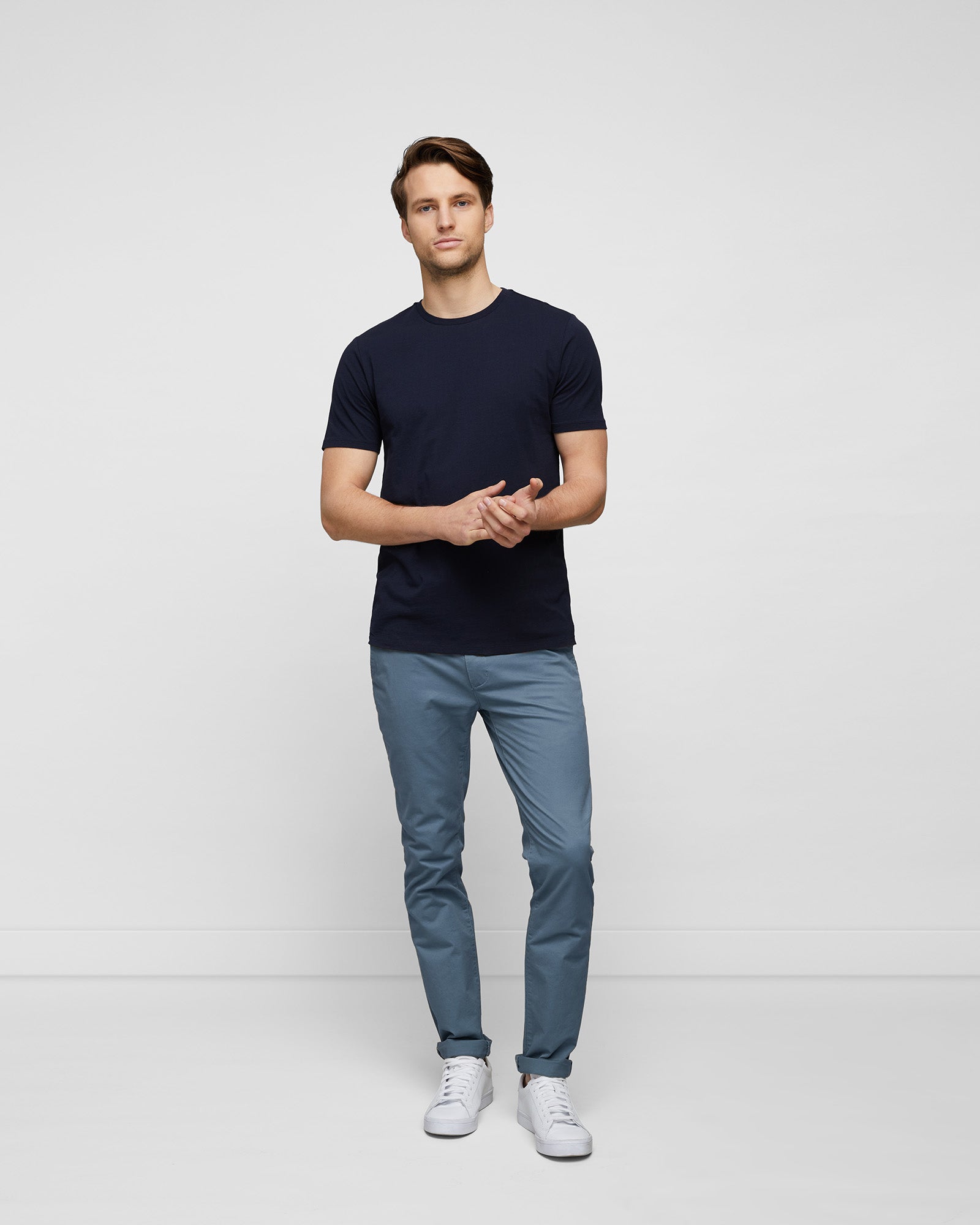 Classic Navy Men's Premium Cotton T-Shirt, Full body view on model