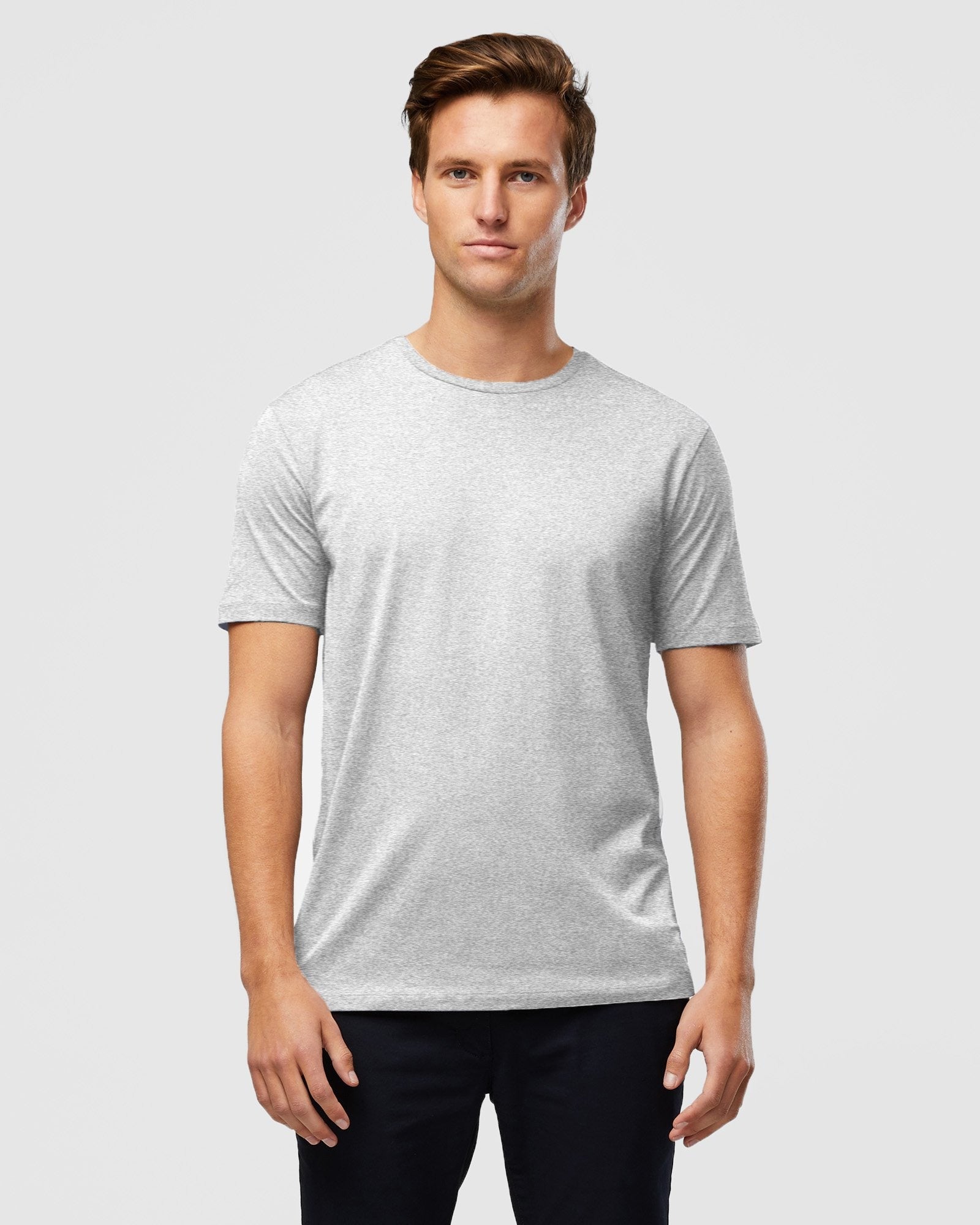 Men’s heather grey tee – versatile foundational layer, front view close up