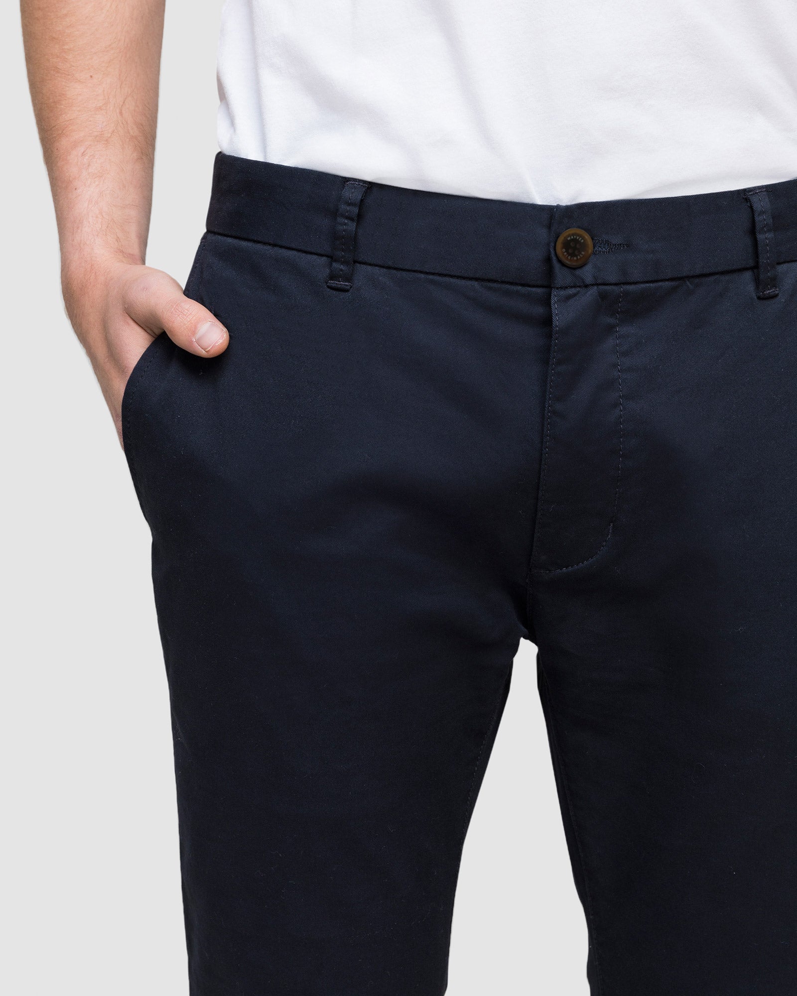 Men's Slim Fit Chino Pants in Navy, close up front view