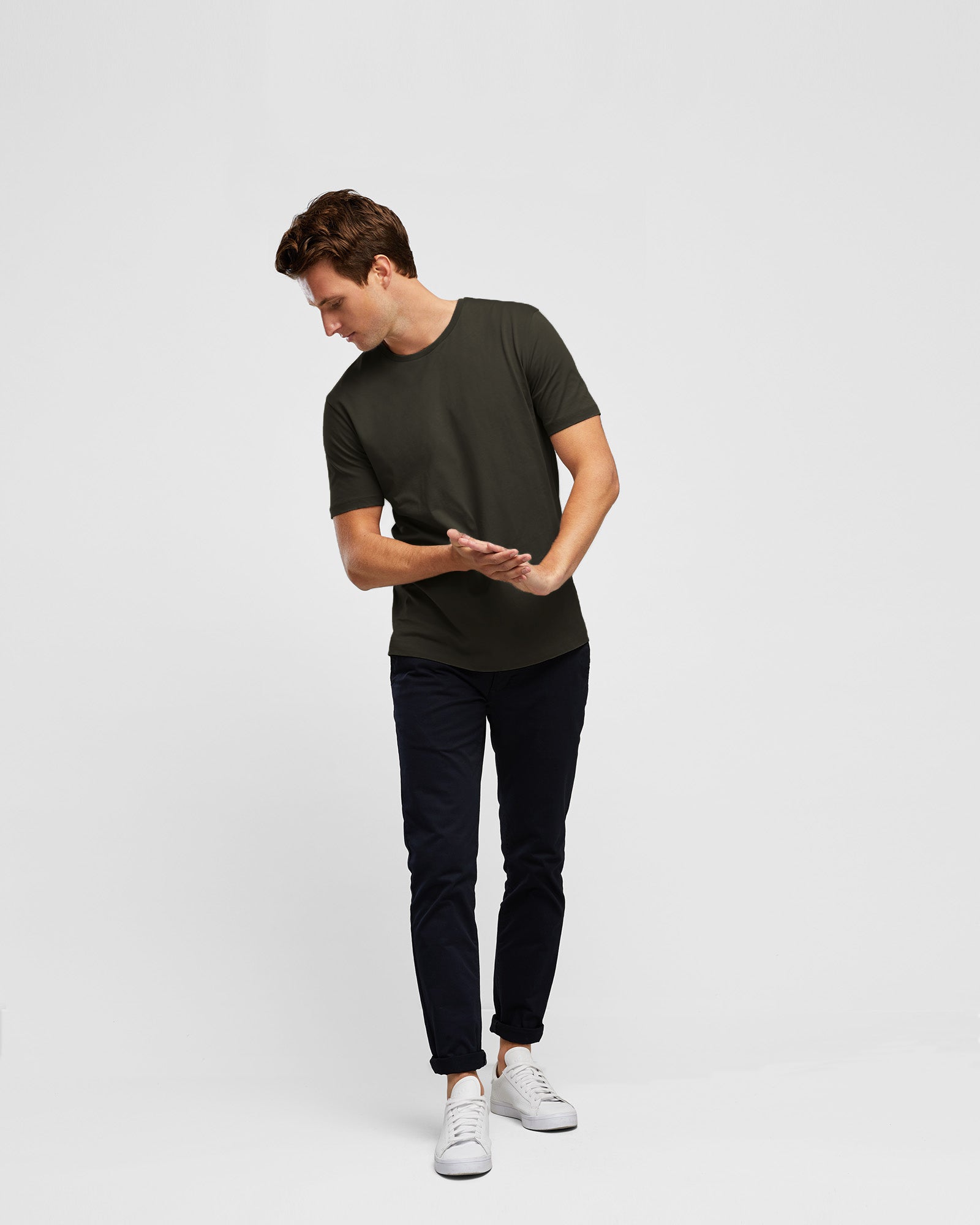 Men's Essential Crew Tee in Hunter Green, by Wayver, full body view