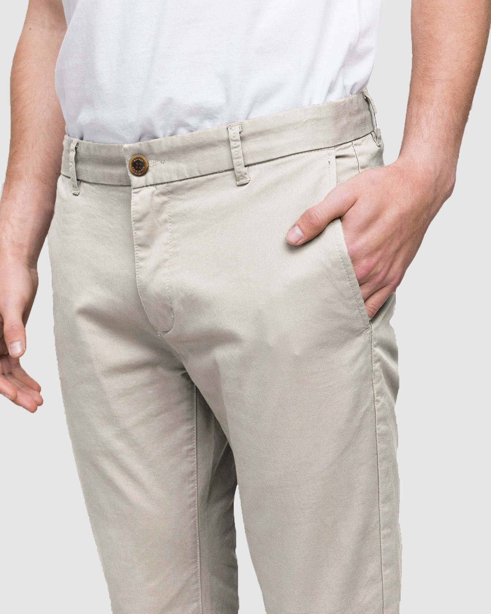 Side angle of pebble men’s stretch chino pants, slim fit