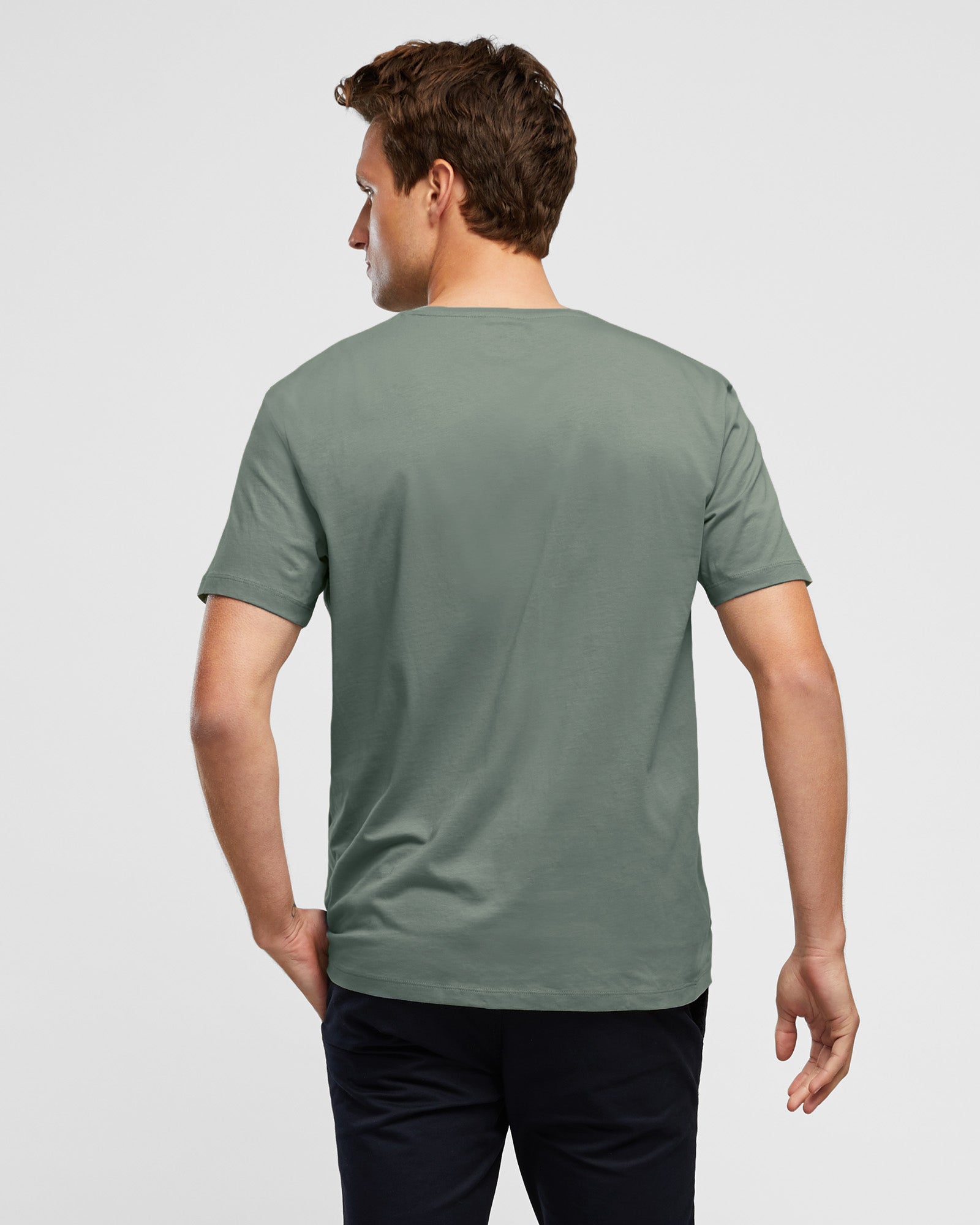Men's Crew Neck Short Sleeve Cotton Tee in Sage Green, by Wayver, rear view