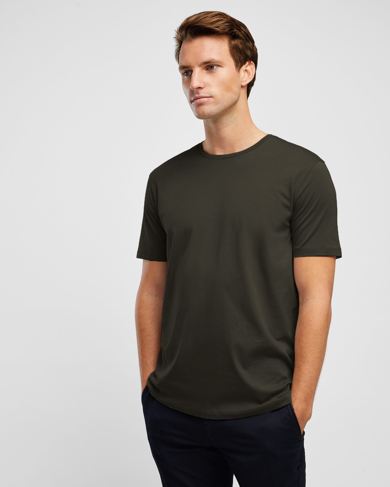 Slim Fitting Hunter Green Tee for Men, front view close up