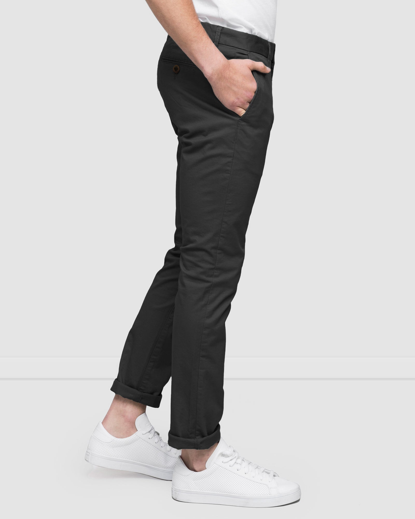 Charcoal Slim Fit Stretch Chinos by Wayver - Soft Cotton Twill Pants Side View
