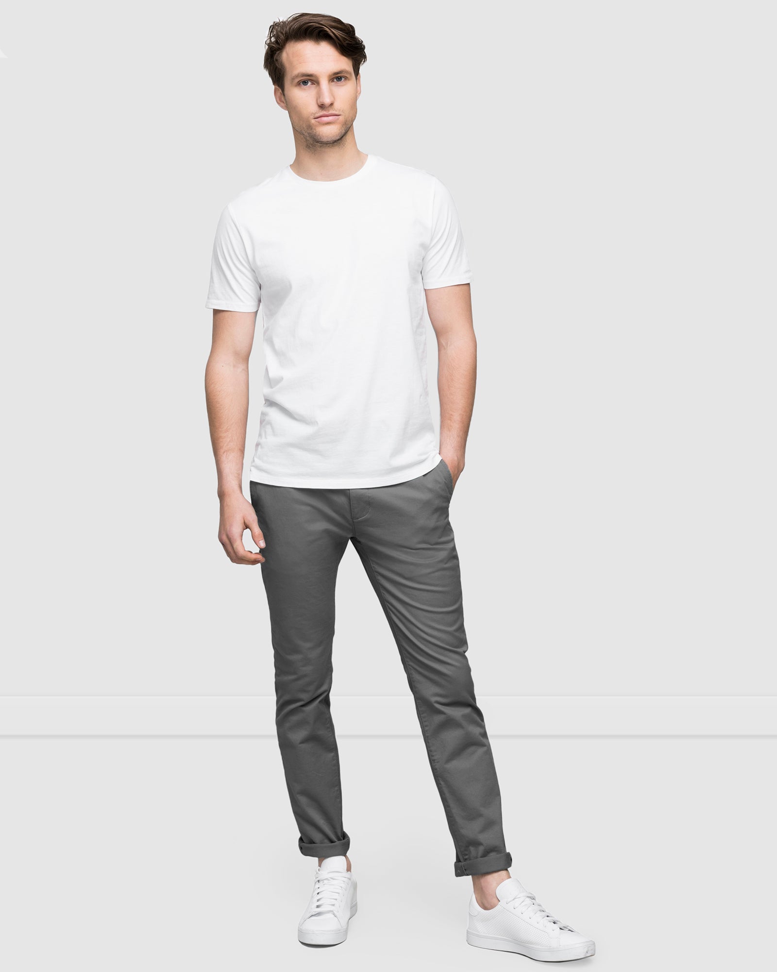 Wayver Slim Stretch Chinos in Smoke Greyl - Premium Cotton Twill Casual Pants Styled with White T-Shirt
