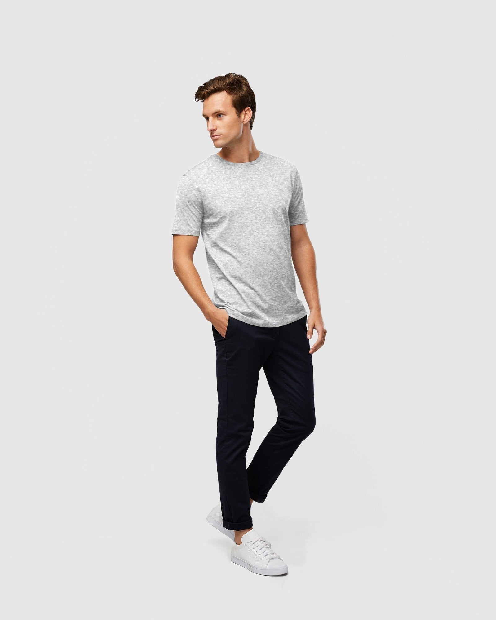 Men’s classic snow coloured crew neck t-shirt – essential wardrobe staple, full body view paired with chino pants