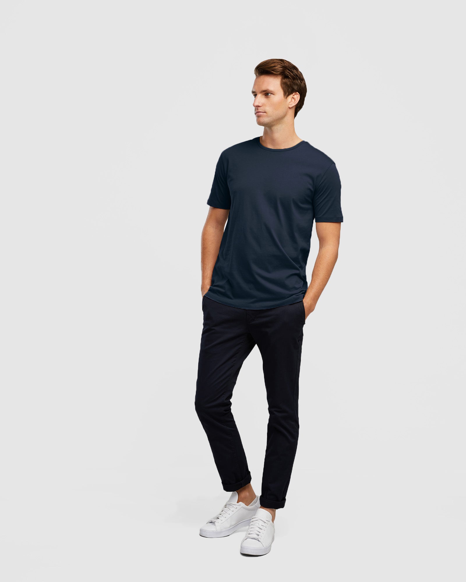Men's Cotton Crew Neck T-Shirt in Indigo, full body image on model