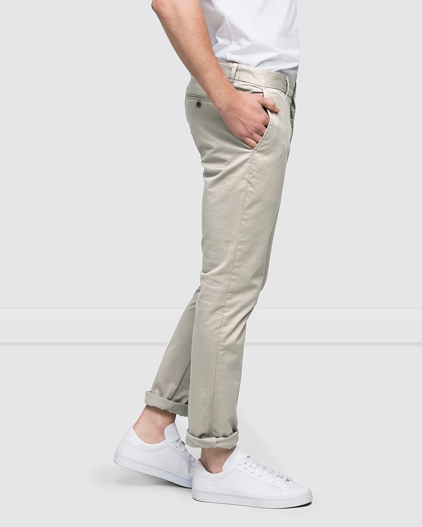 Men’s slim fit cotton stretch chinos in beige, side view