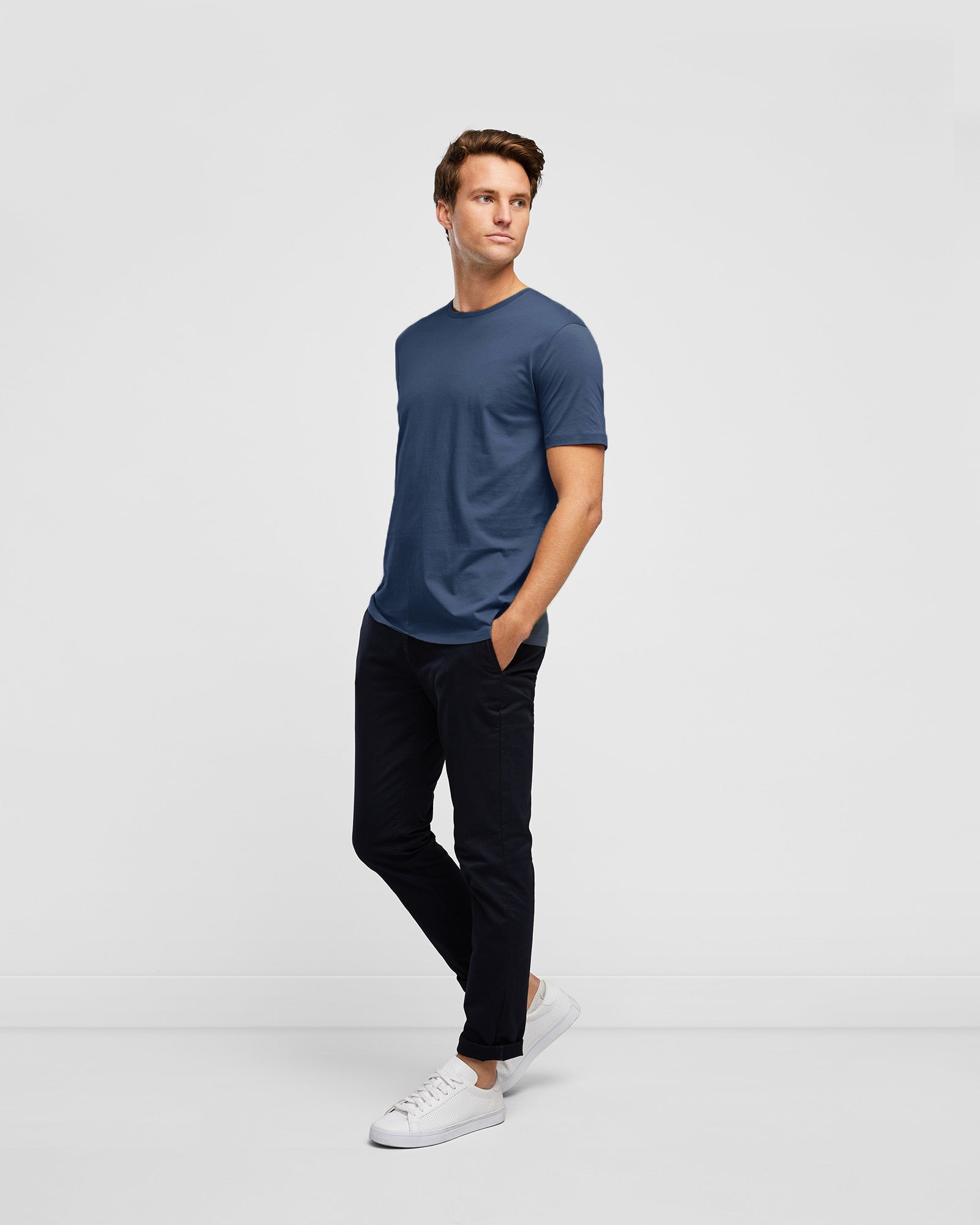 Men's Crew Neck Tee Shirt in Vintage Indigo, Full Body View