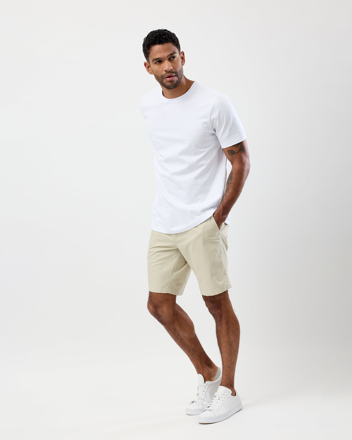 Men's Beige Bermuda Shorts - Cotton Casual Shorts Full Body View, summer outfit