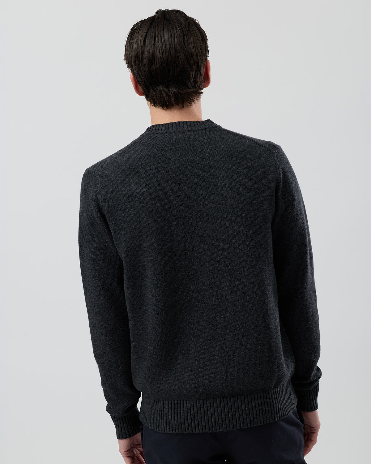 Rear view of the Wayver charcoal cotton crew neck jumper showing the clean silhouette and ribbed hem detail.