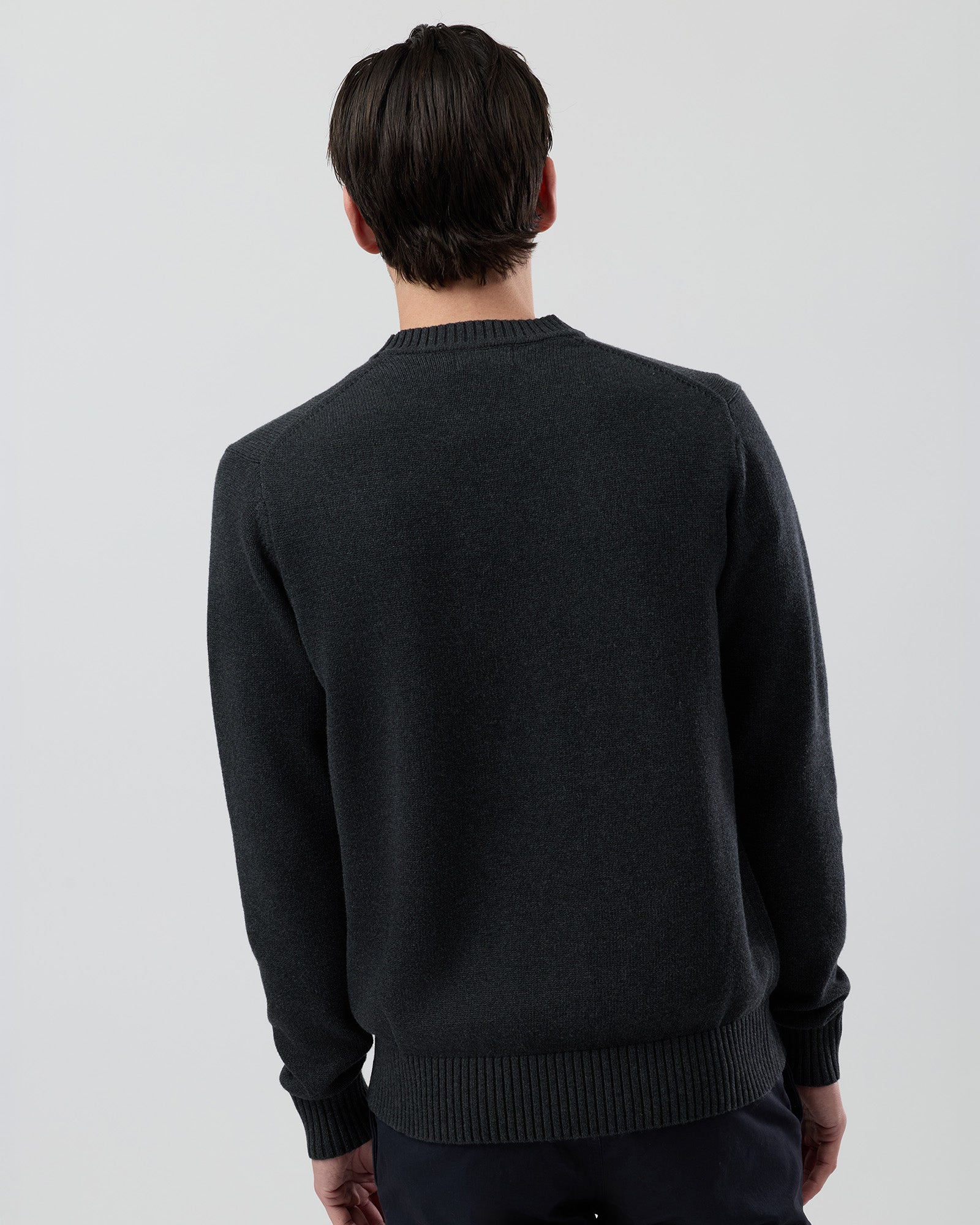 Rear view of the Wayver charcoal cotton crew neck jumper showing the clean silhouette and ribbed hem detail.