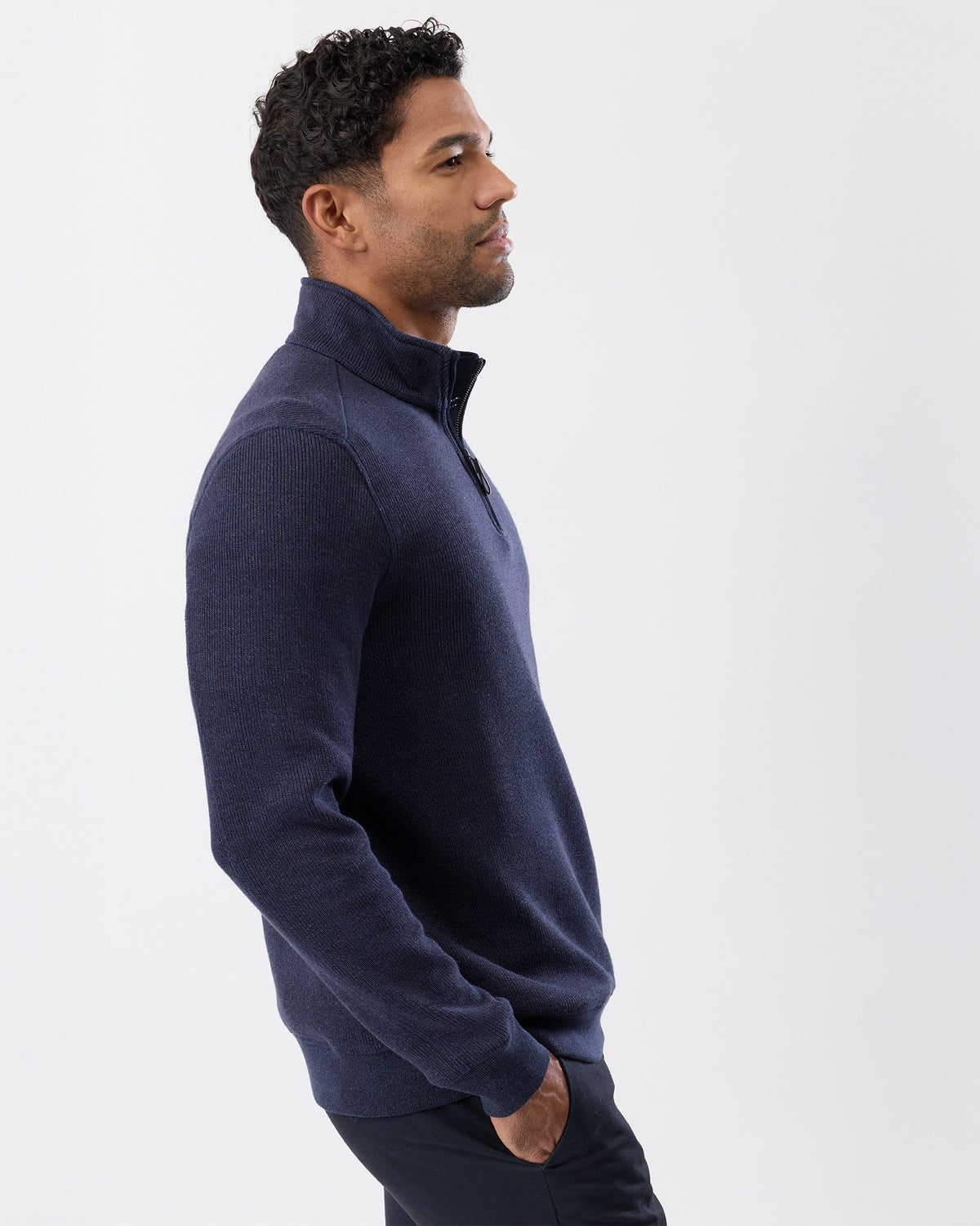 Side view of cotton blend half zip knit for men in nay marl