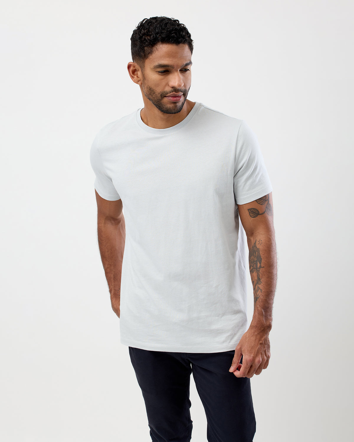 Front view of men's Glacier Coloured essential crew t-shirt in premium cotton
