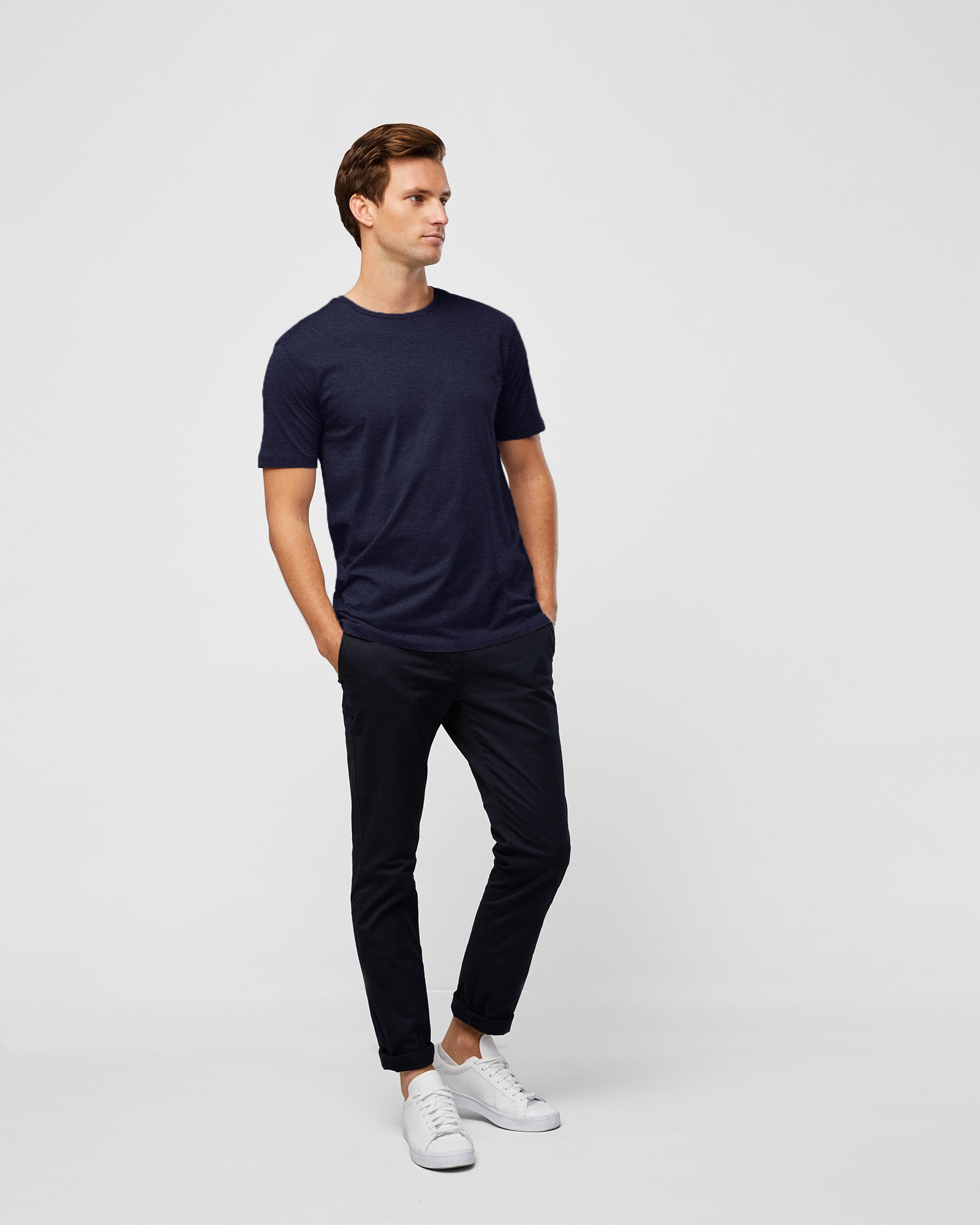 Versatile navy marl t-shirt – perfect for layering or standalone wear, worn with navy chinos, full body image