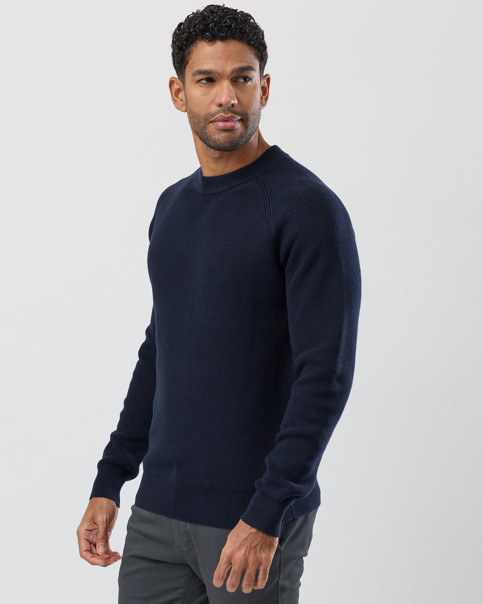 Men's Fisherman's Rib Cotton Knit | WAYVER | Navy Crew Neck Knit