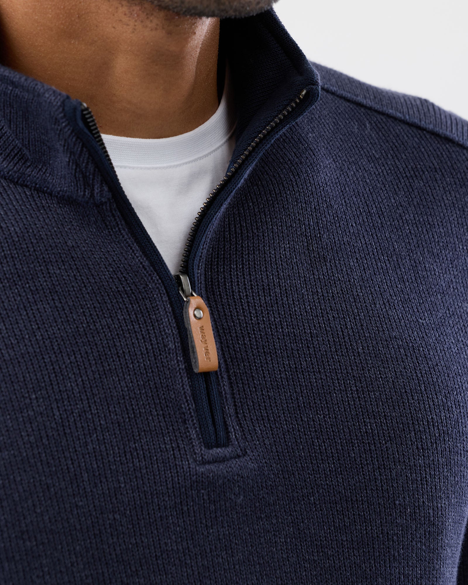 Detail shot of stand collar and zipper from french rib knit