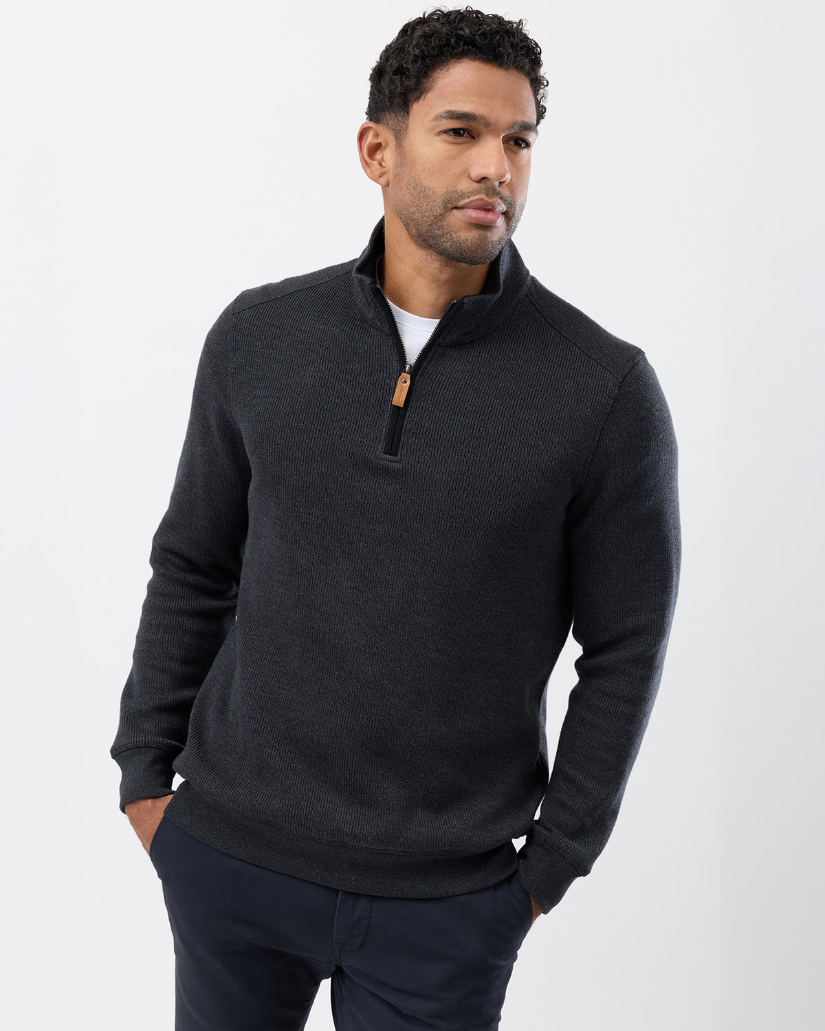 Everyday men’s cotton knit layered over white t-shirt