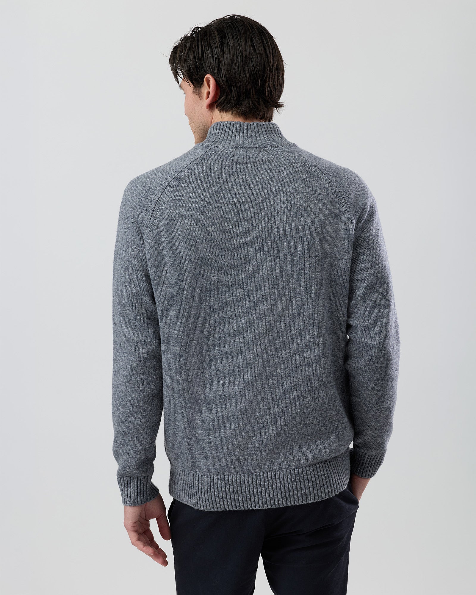 Rear view of the Wayver grey wool blend stand collar jumper showing the clean back profile and refined knit finish.