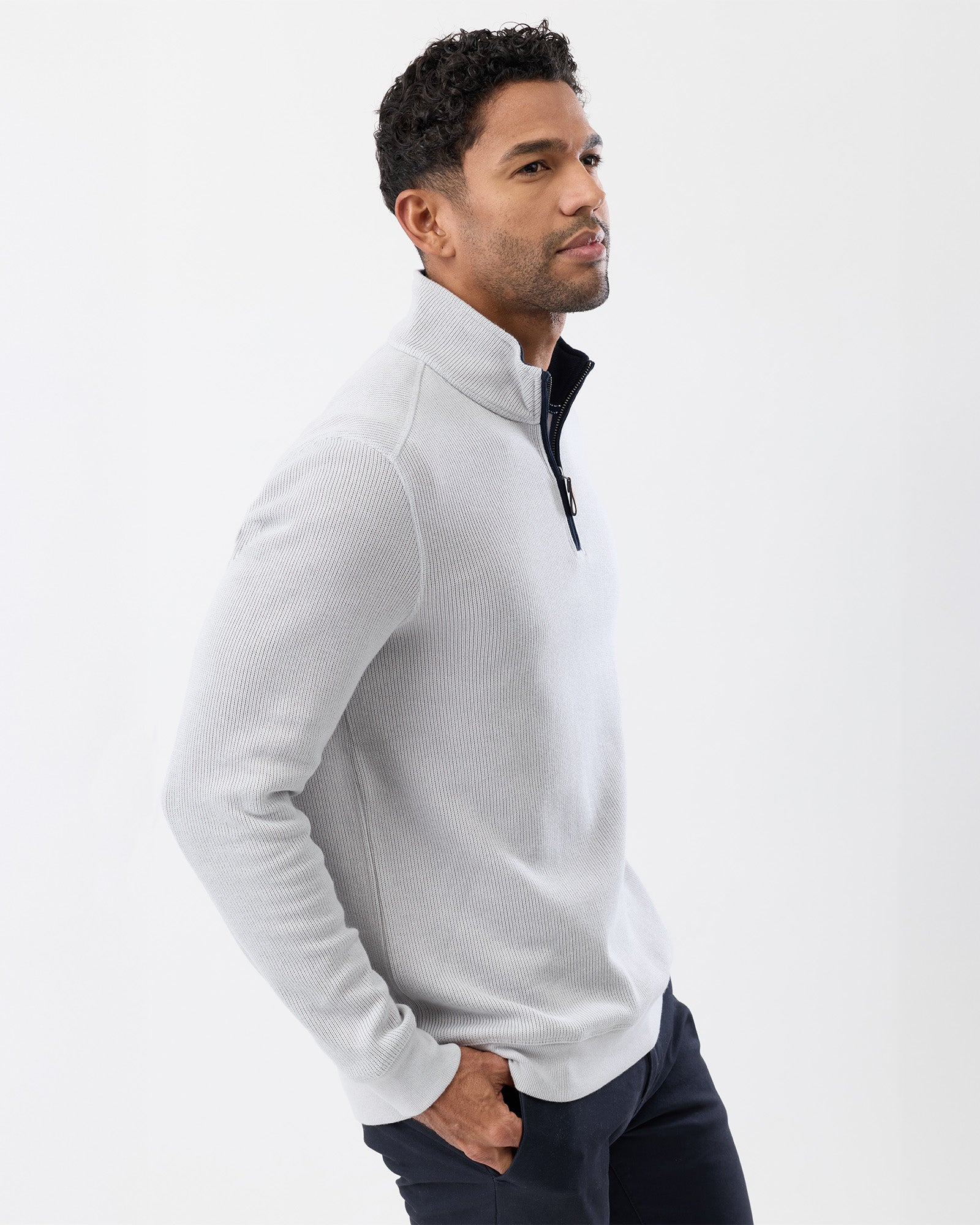 Men’s French Rib Half Zip Knit in light grey – front view