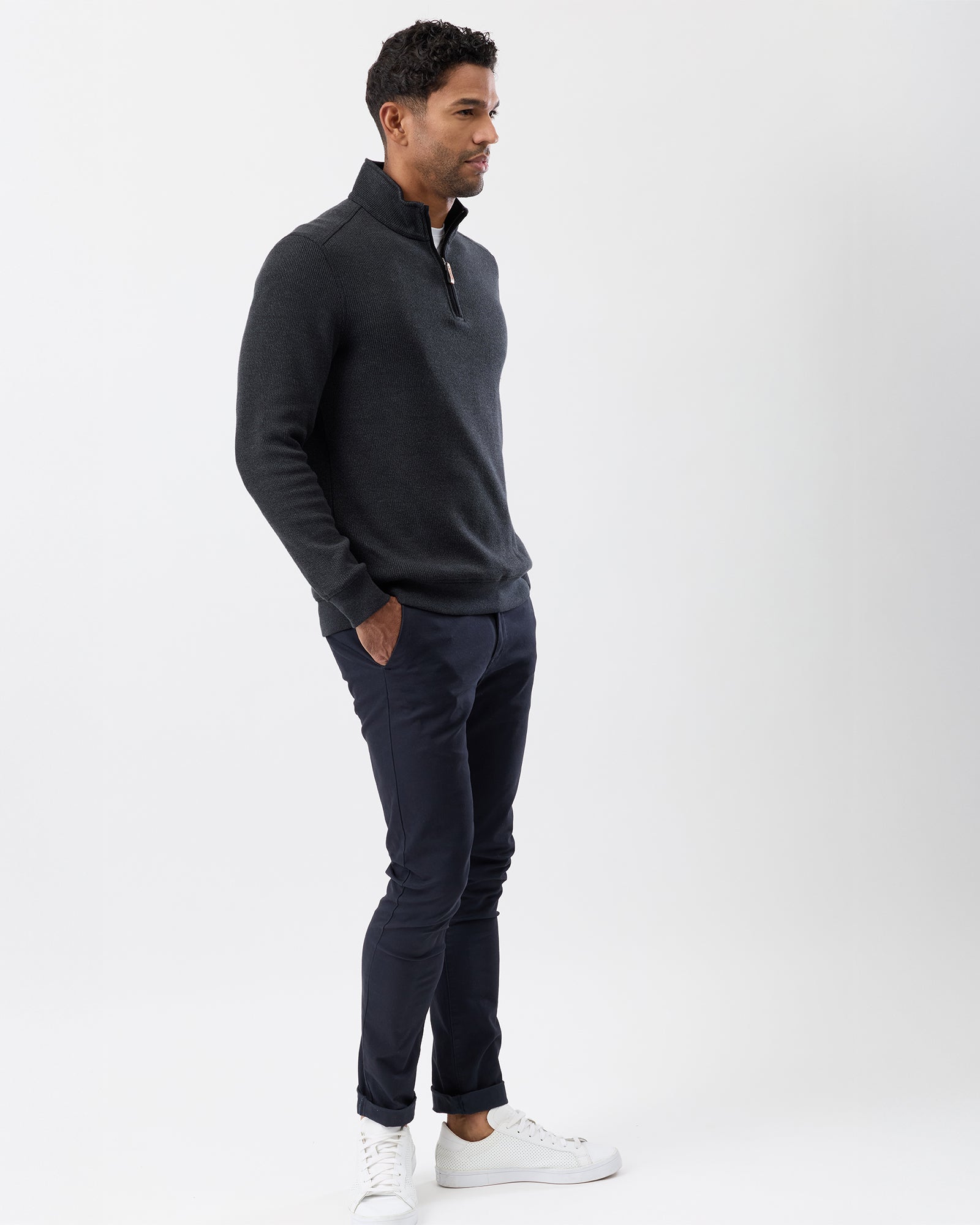 Everyday men’s cotton knit layered over white t-shirt, worn with navy chino - full body view
