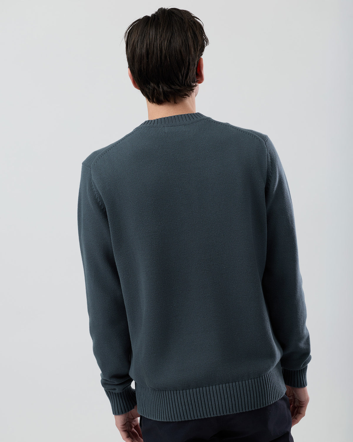 Rear view of the Wayver ironstone cotton crew neck jumper showing the timeless design and ribbed hem finish.