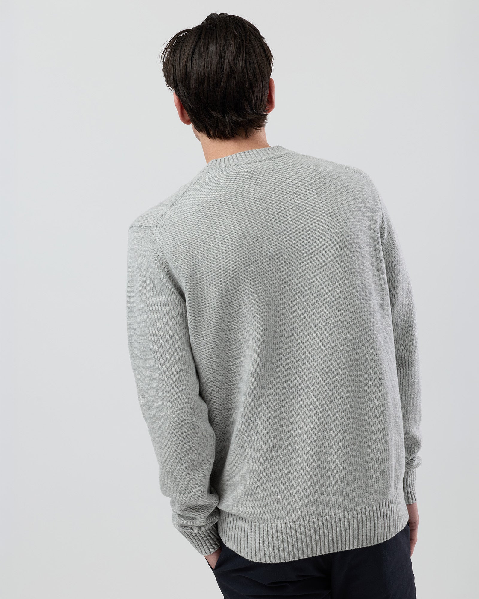 Rear view of the Wayver light grey cotton crew neck jumper showing the classic shape and ribbed hem finish.