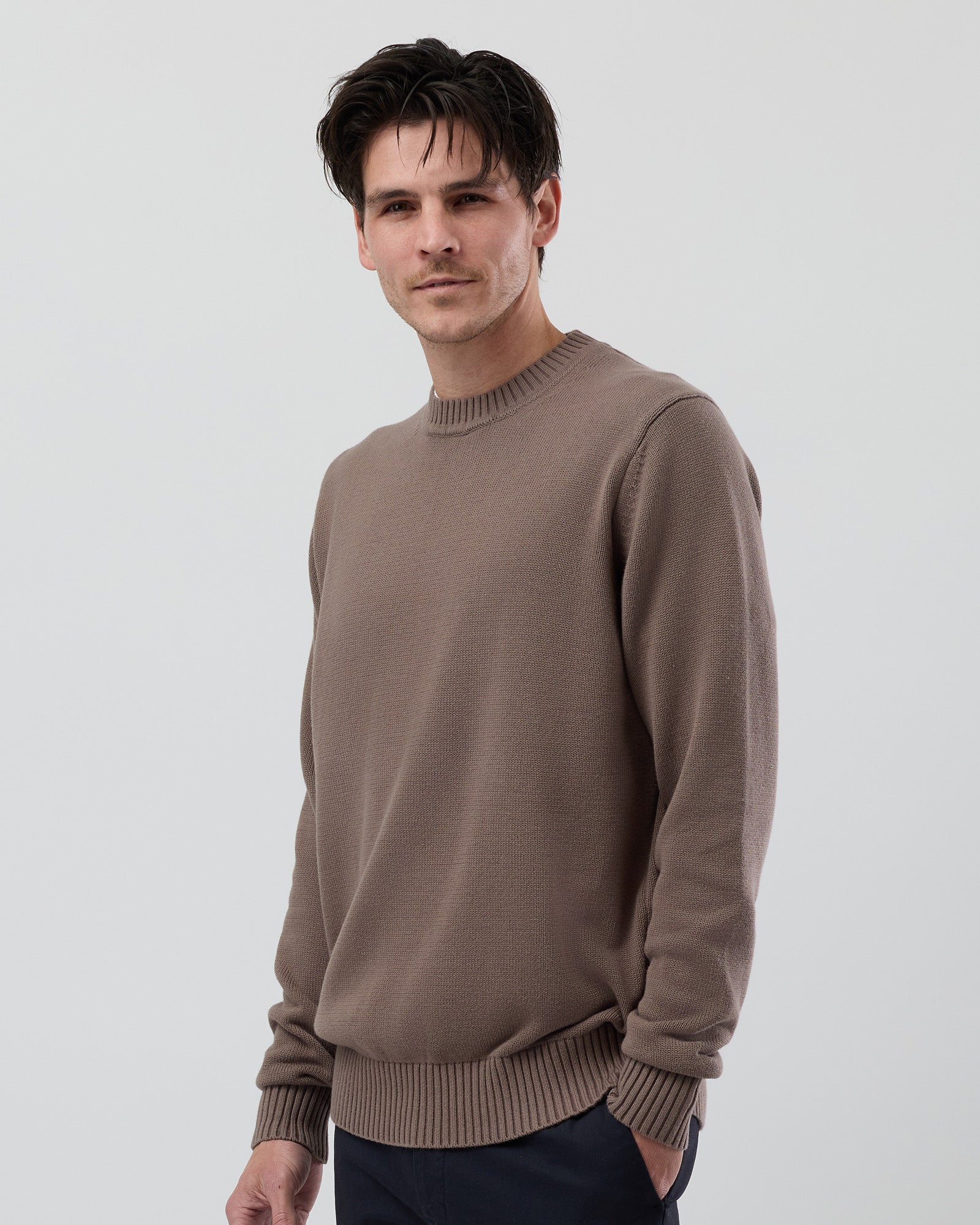Close-up front view of the Wayver latte 100% cotton crew neck knit highlighting the soft cotton fabric and premium finish.