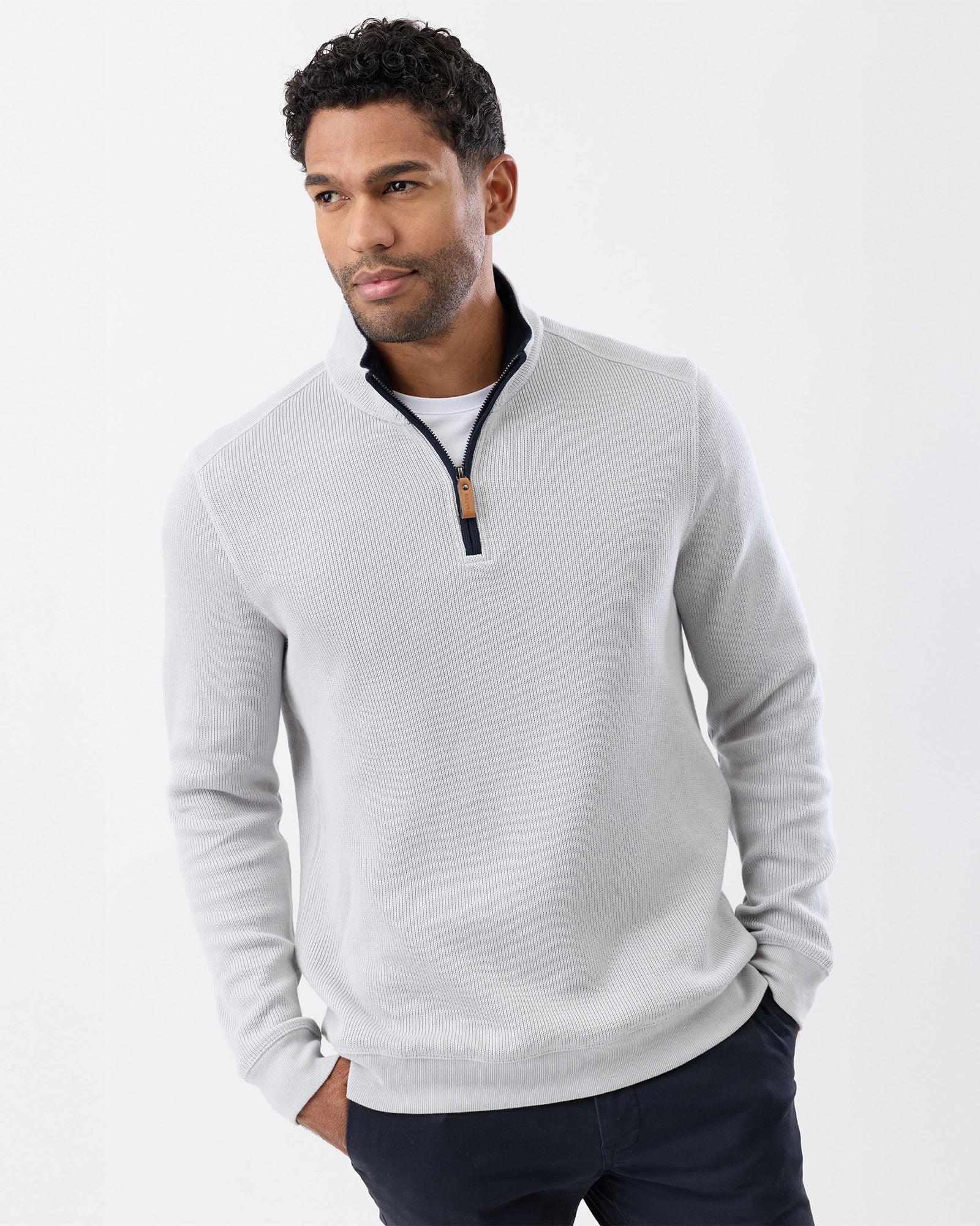 Men’s French Rib Half Zip Knit in light grey – front view