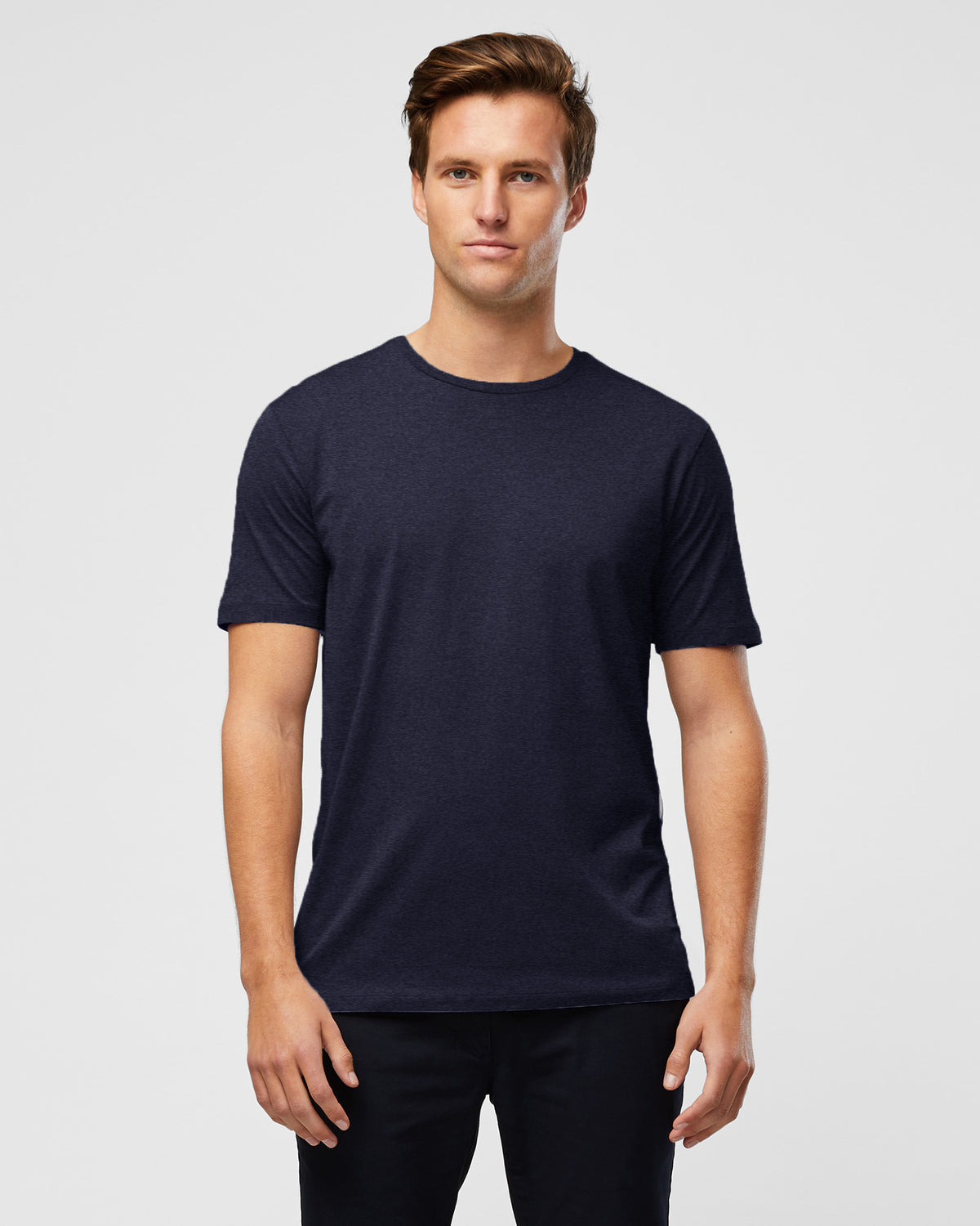 Model wearing everyday navy marl t-shirt – modern classic style