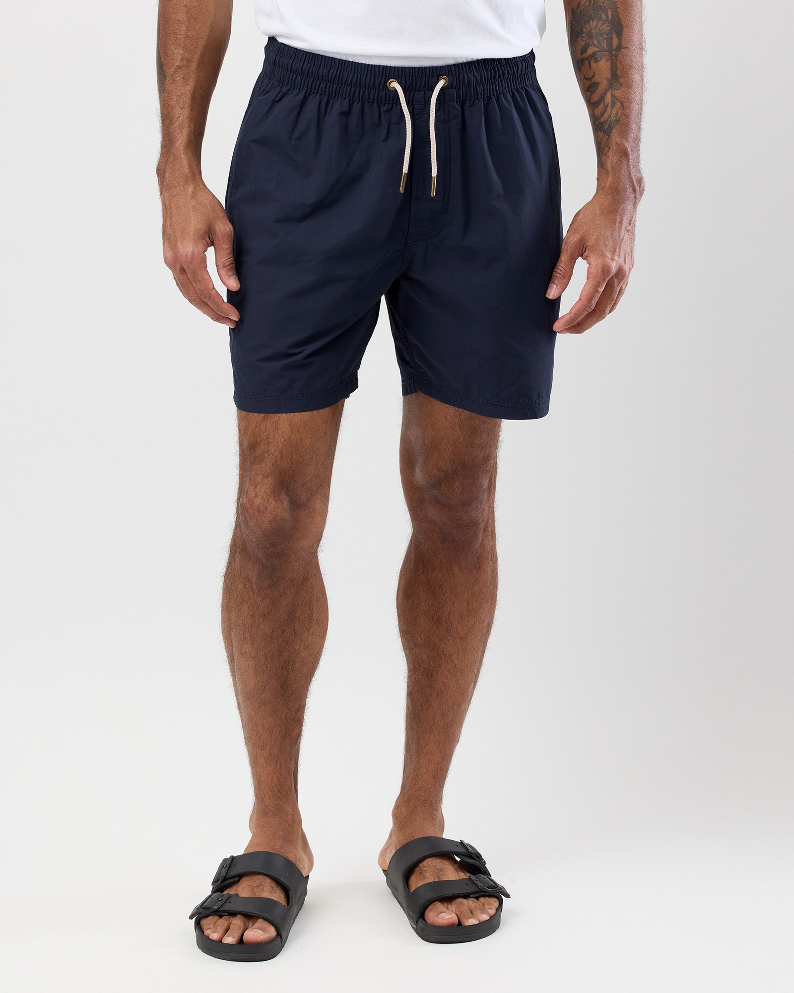 Men's Navy Wayver swim shorts with a white drawstring on a plain background