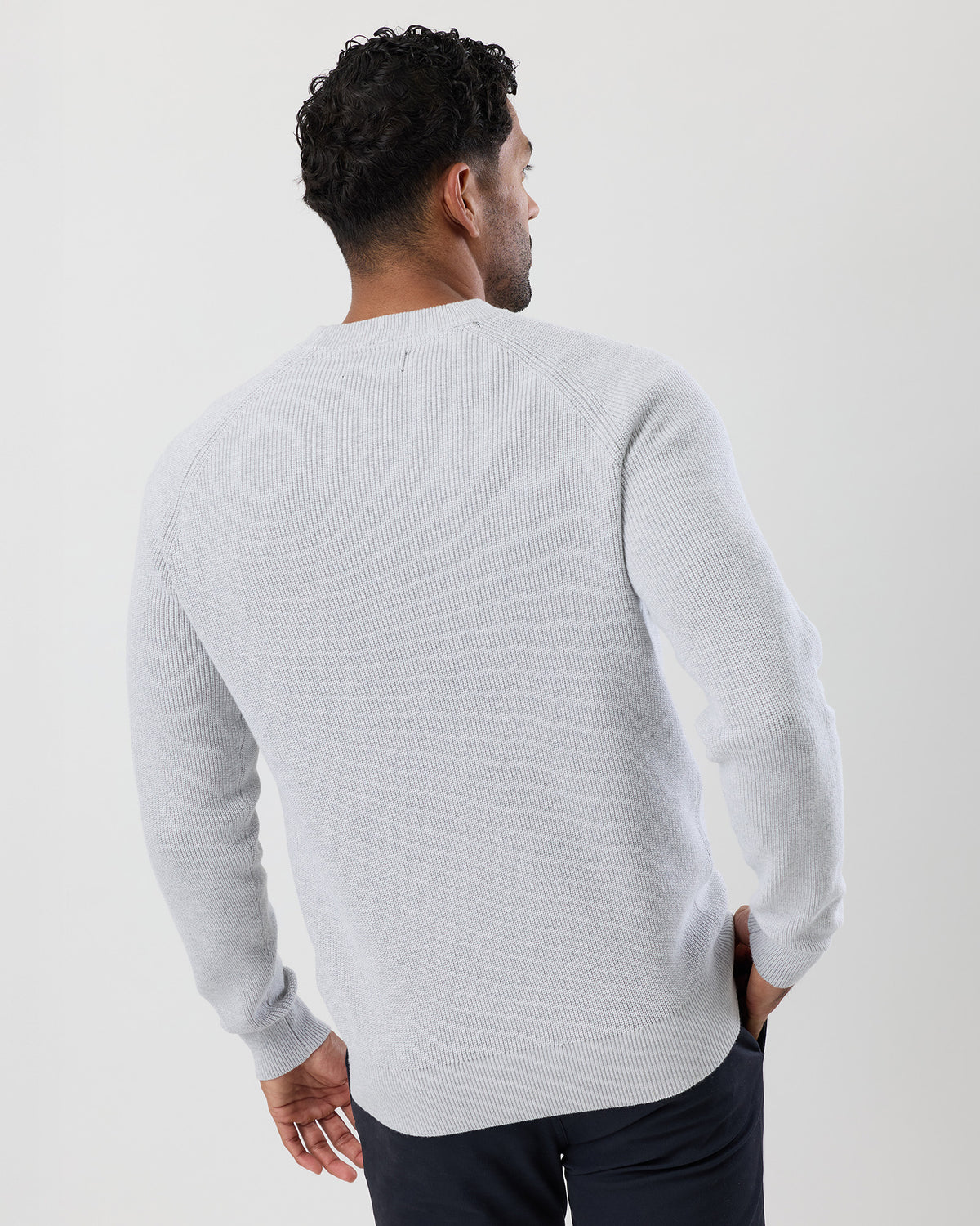 Men's cotton crew neck fisherman's rib knit, by Wayver, rear view