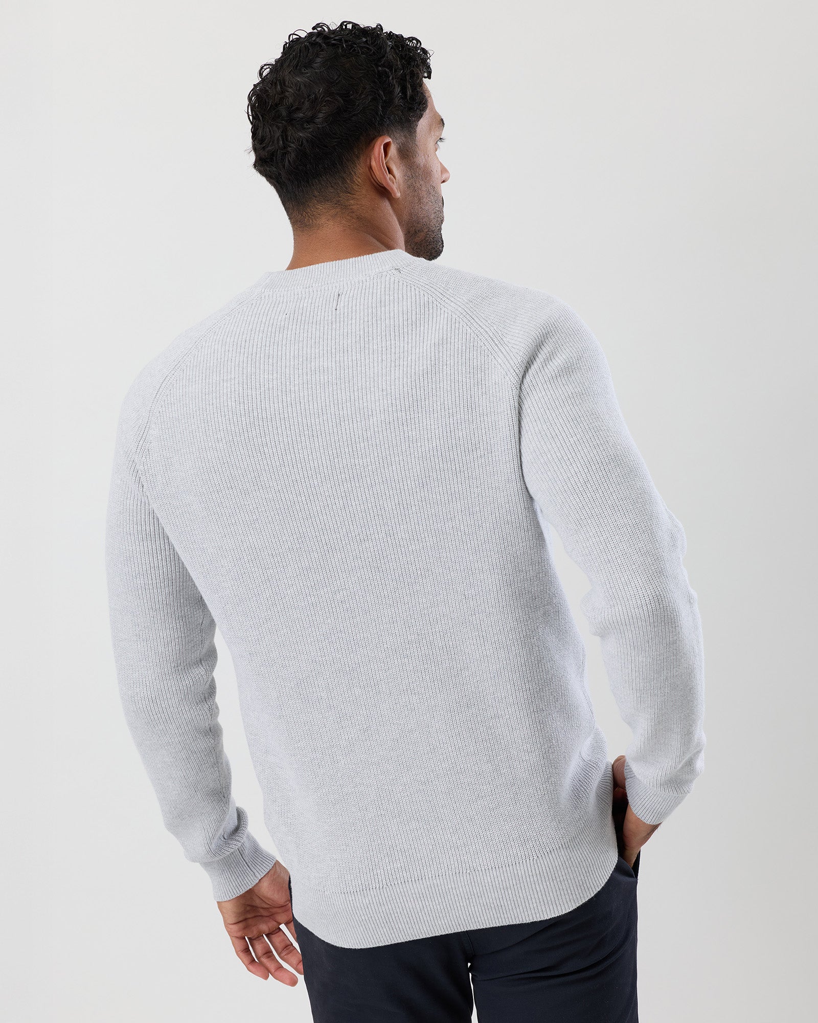 Men's cotton crew neck fisherman's rib knit, by Wayver, rear view