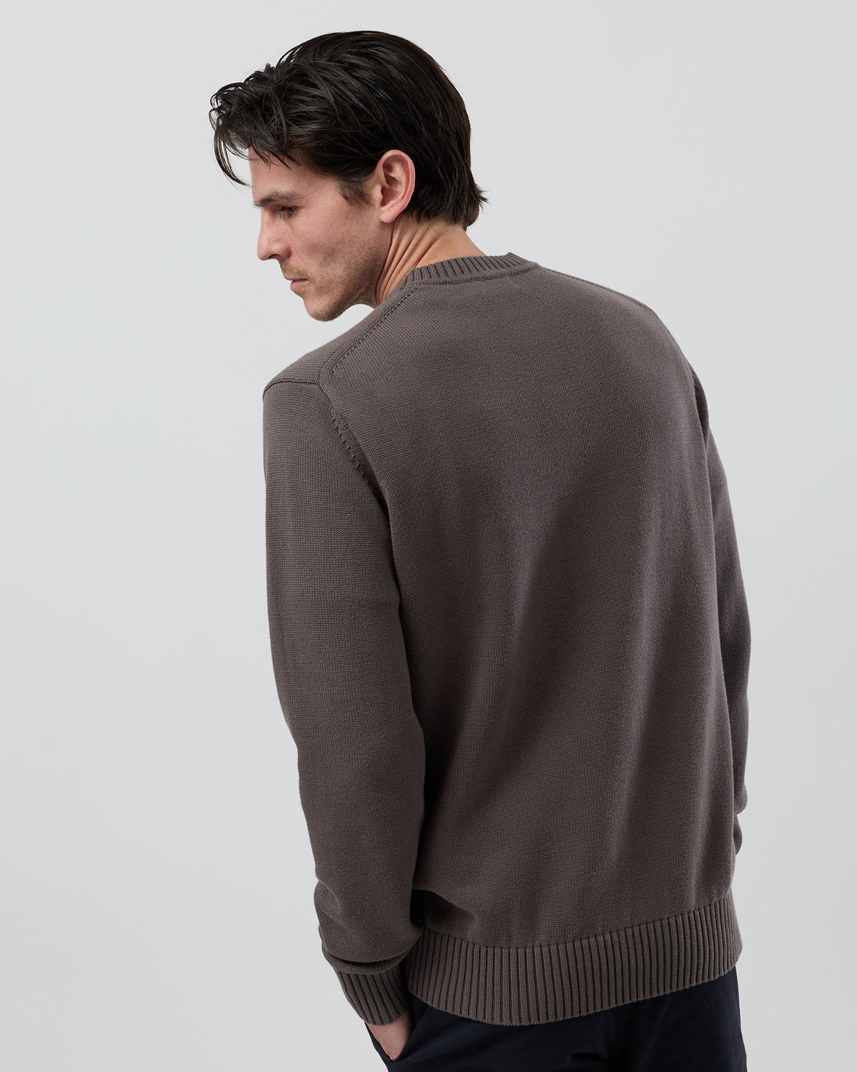 Rear view of the Wayver slate brown cotton crew neck jumper showing the classic shape and ribbed hem detail.