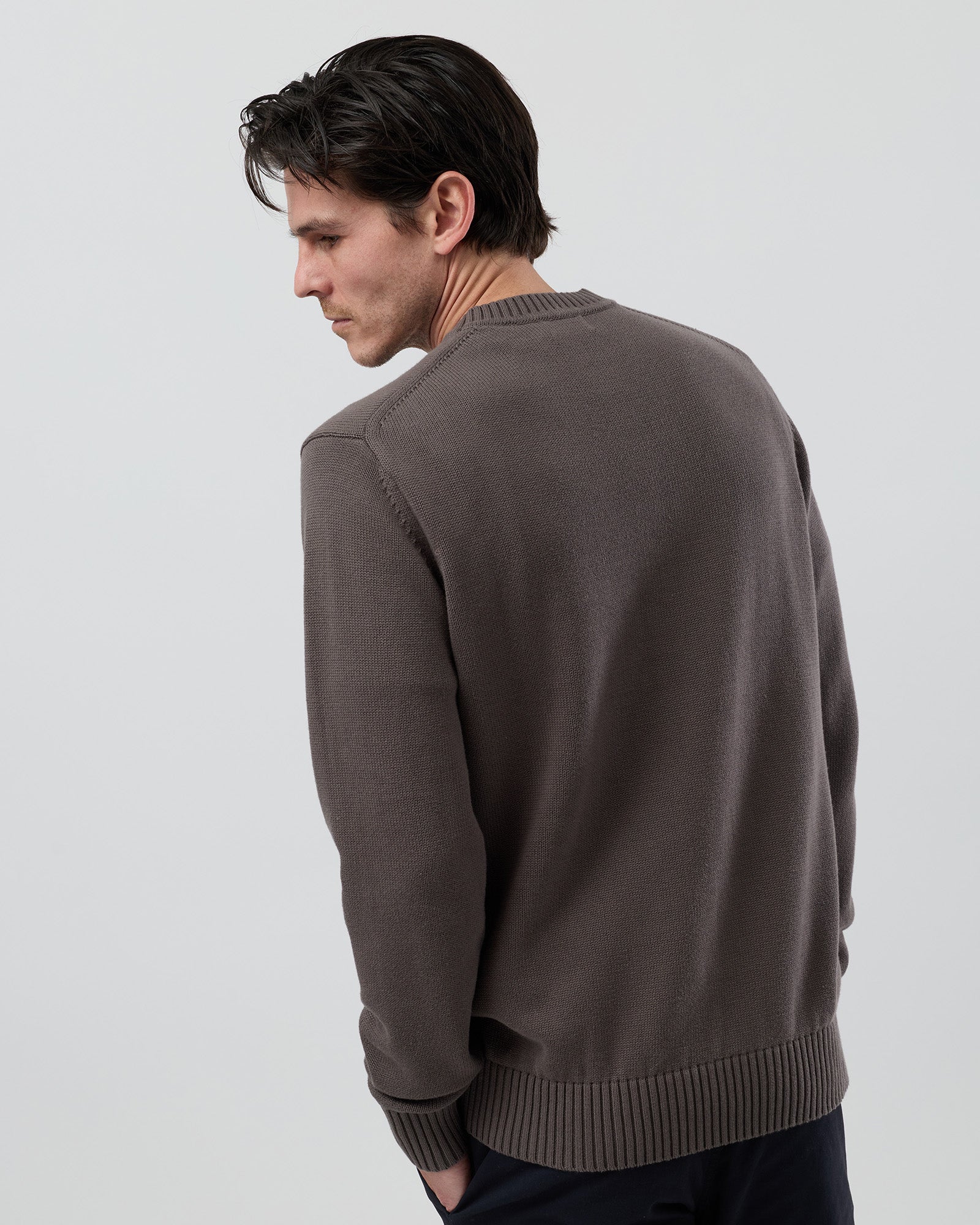 Rear view of the Wayver slate brown cotton crew neck jumper showing the classic shape and ribbed hem detail.