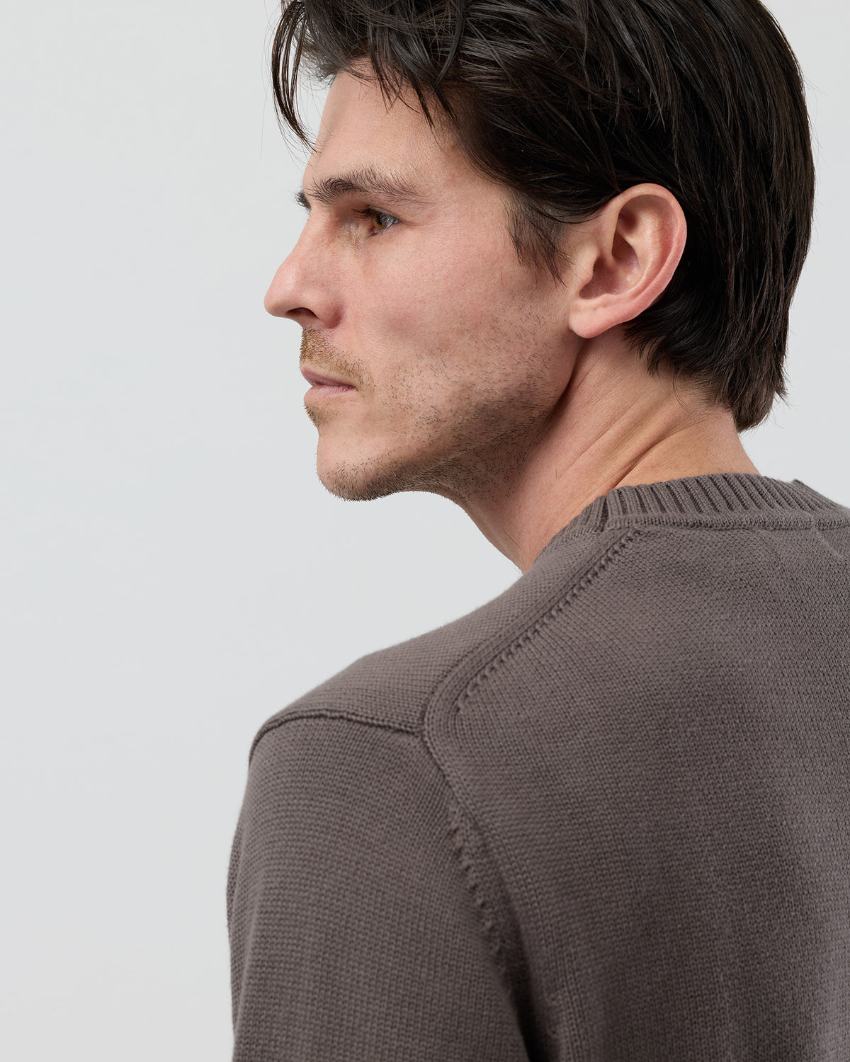 Close-up rear detail of the Wayver slate brown cotton crew neck knit showing the 2x2 rib detailing and premium knit construction.