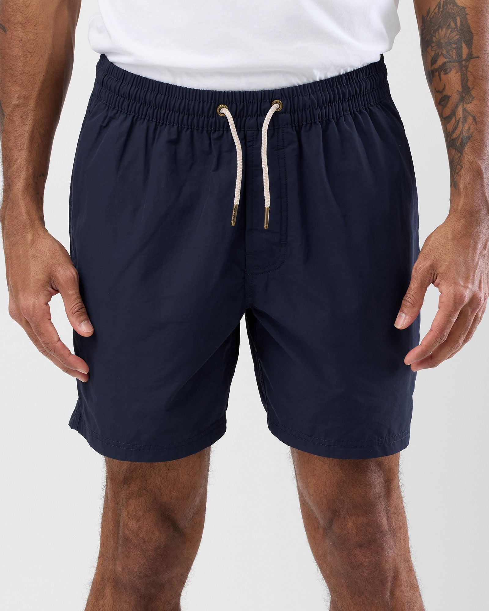 Men's Navy Wayver swim shorts with a white drawstring on a plain background