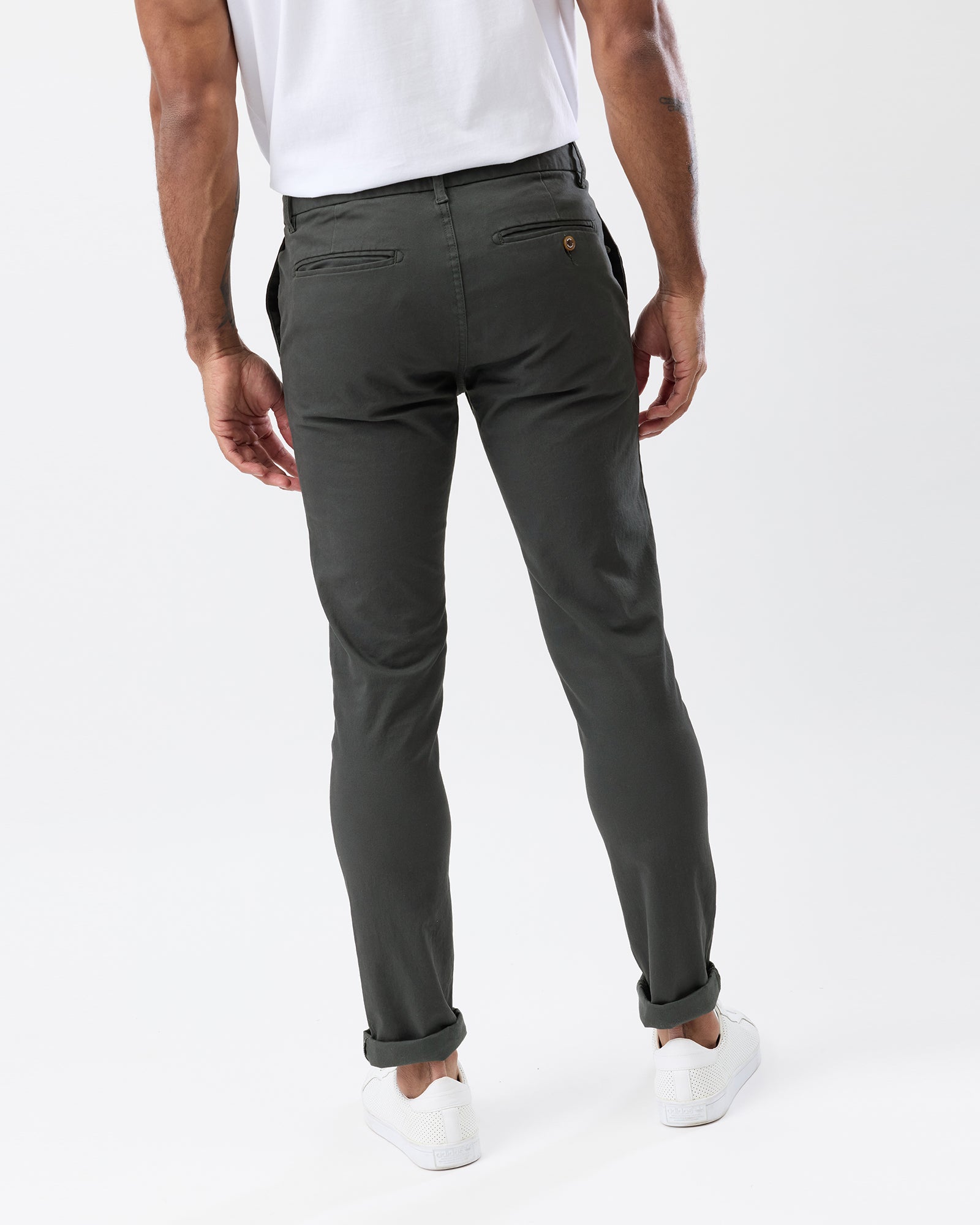 Wayver Vintage Green Slim Stretch Chinos - Compact Twill Cotton Pants Rear Close Up