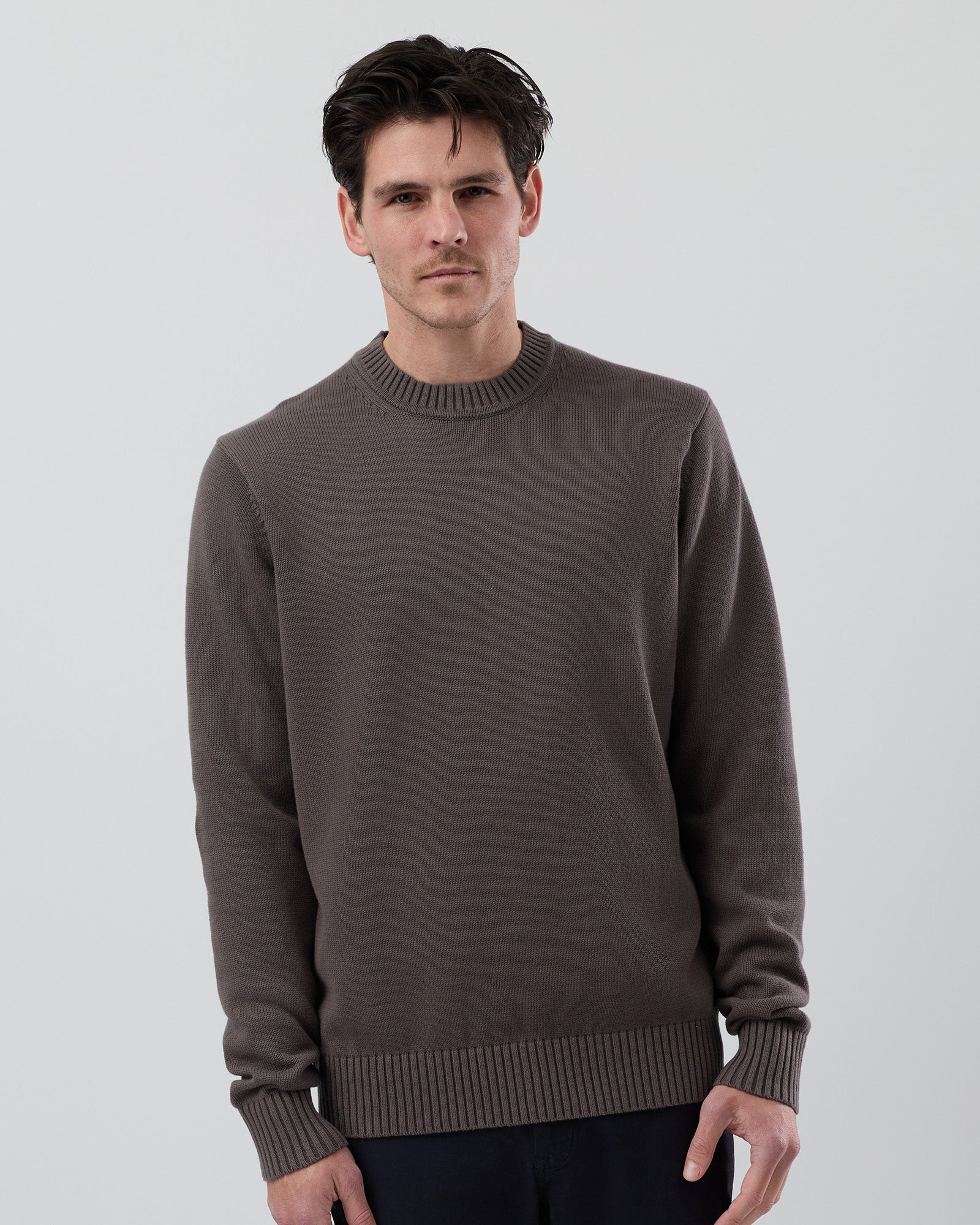 Male model wearing the Wayver Essential Cotton Crew Neck Knit in slate brown, front view showing the modern regular fit and slim sleeves.
