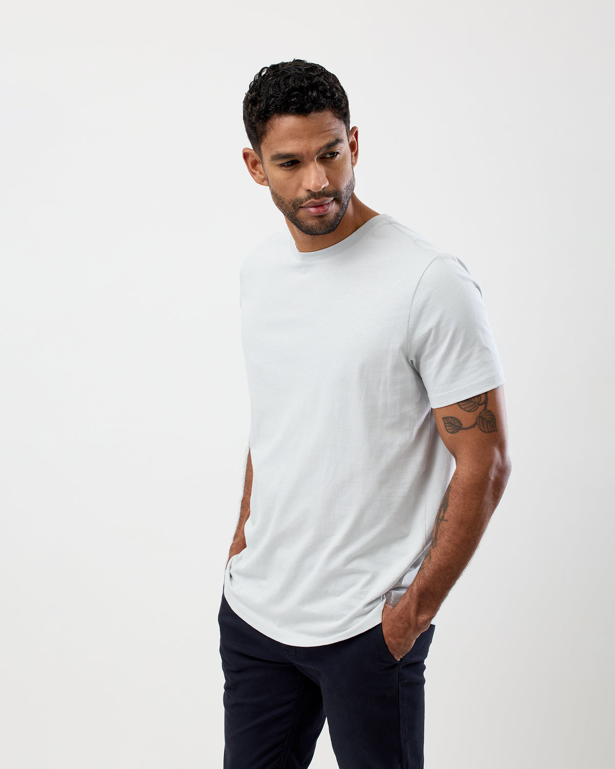 Side view of men's Glacier Coloured Essential crew t-shirt