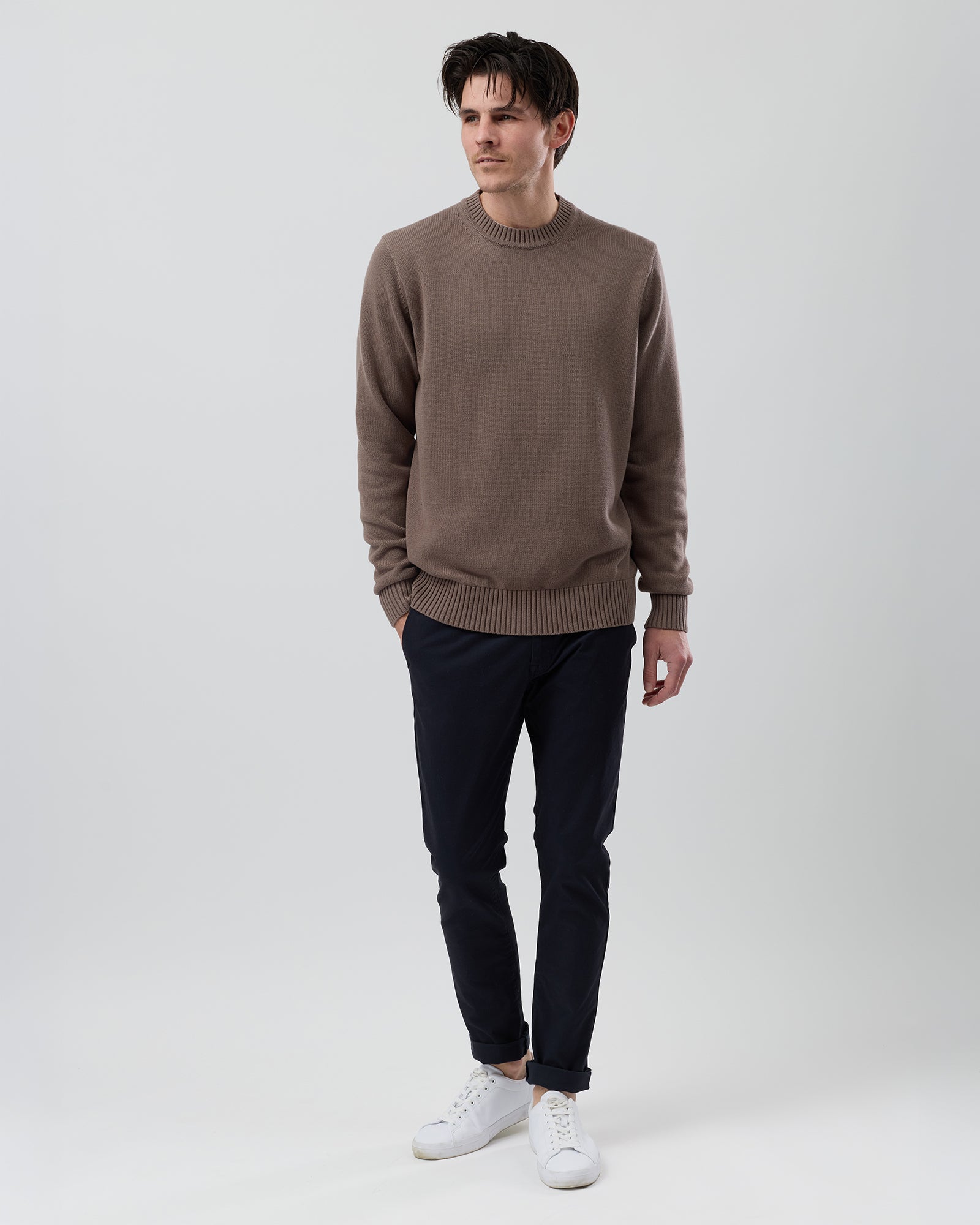Full body view of a male model wearing the Wayver latte Essential Cotton Crew Neck Knit styled with navy chinos on a grey background.
